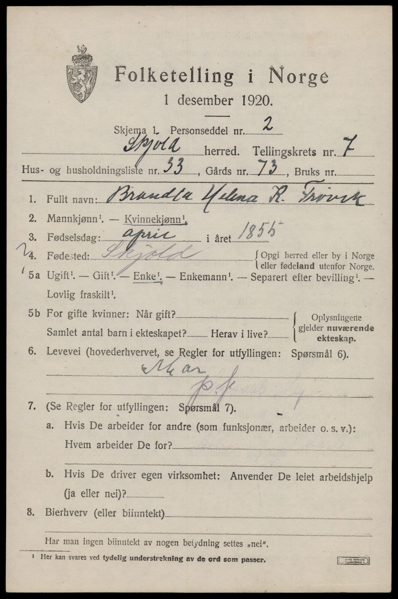 SAST, 1920 census for Skjold, 1920, p. 4176