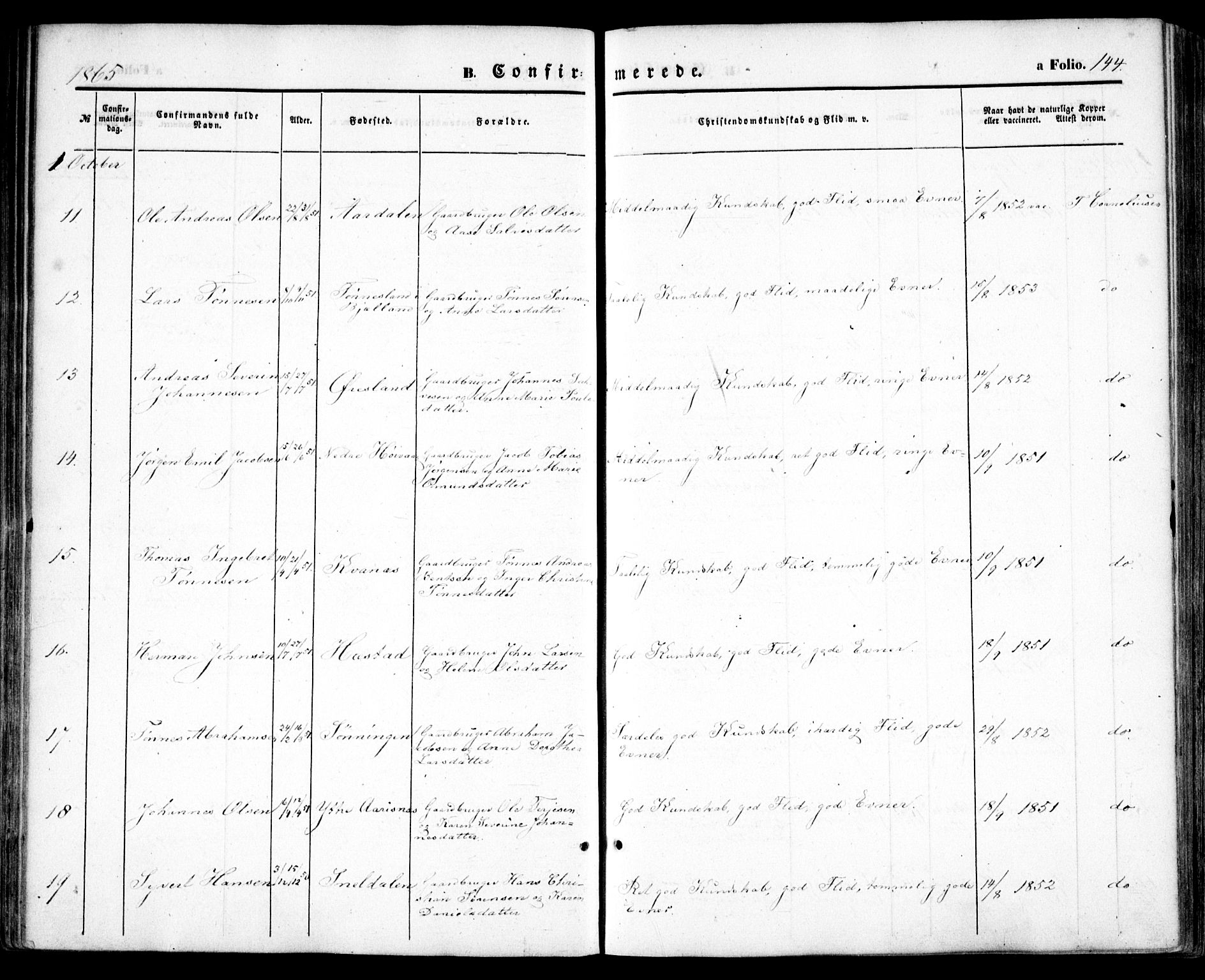 Høvåg sokneprestkontor, SAK/1111-0025/F/Fa/L0004: Parish register (official) no. A 4, 1859-1877, p. 144