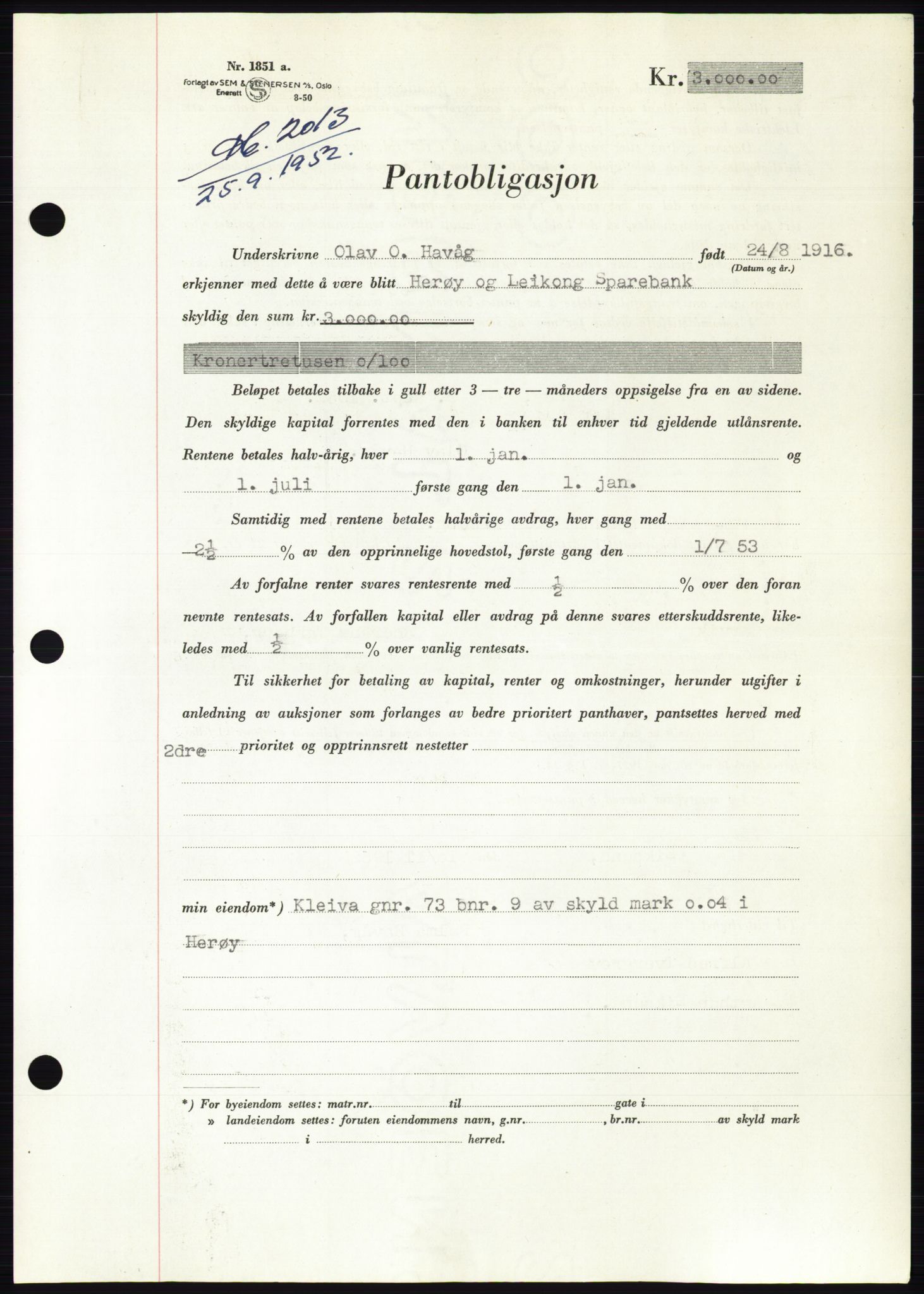 Søre Sunnmøre sorenskriveri, AV/SAT-A-4122/1/2/2C/L0122: Mortgage book no. 10B, 1952-1953, Diary no: : 2013/1952
