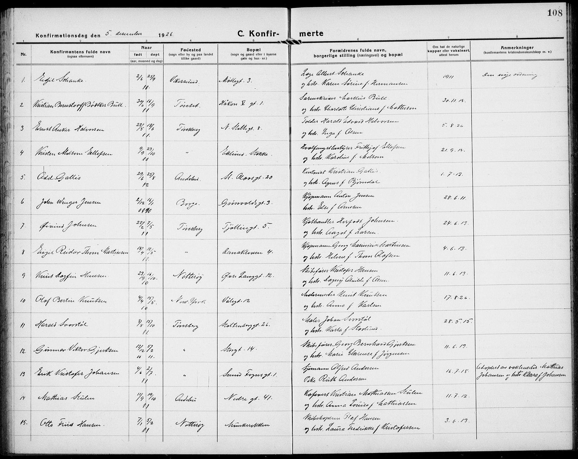 Tønsberg kirkebøker, AV/SAKO-A-330/G/Ga/L0013: Parish register (copy) no. 13, 1920-1929, p. 108