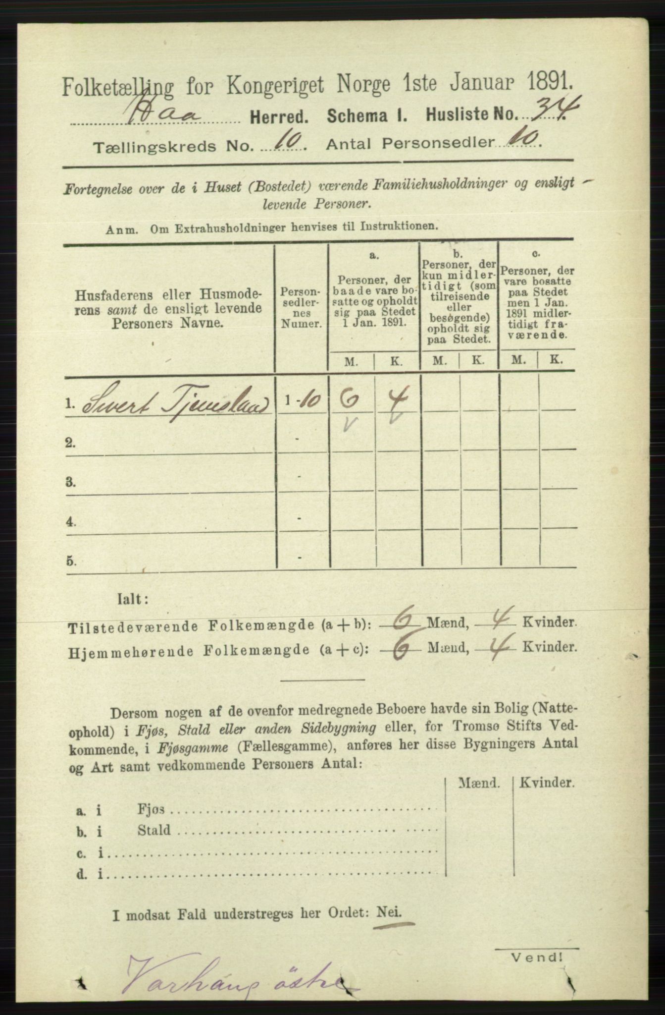 RA, 1891 census for 1119 Hå, 1891, p. 2405