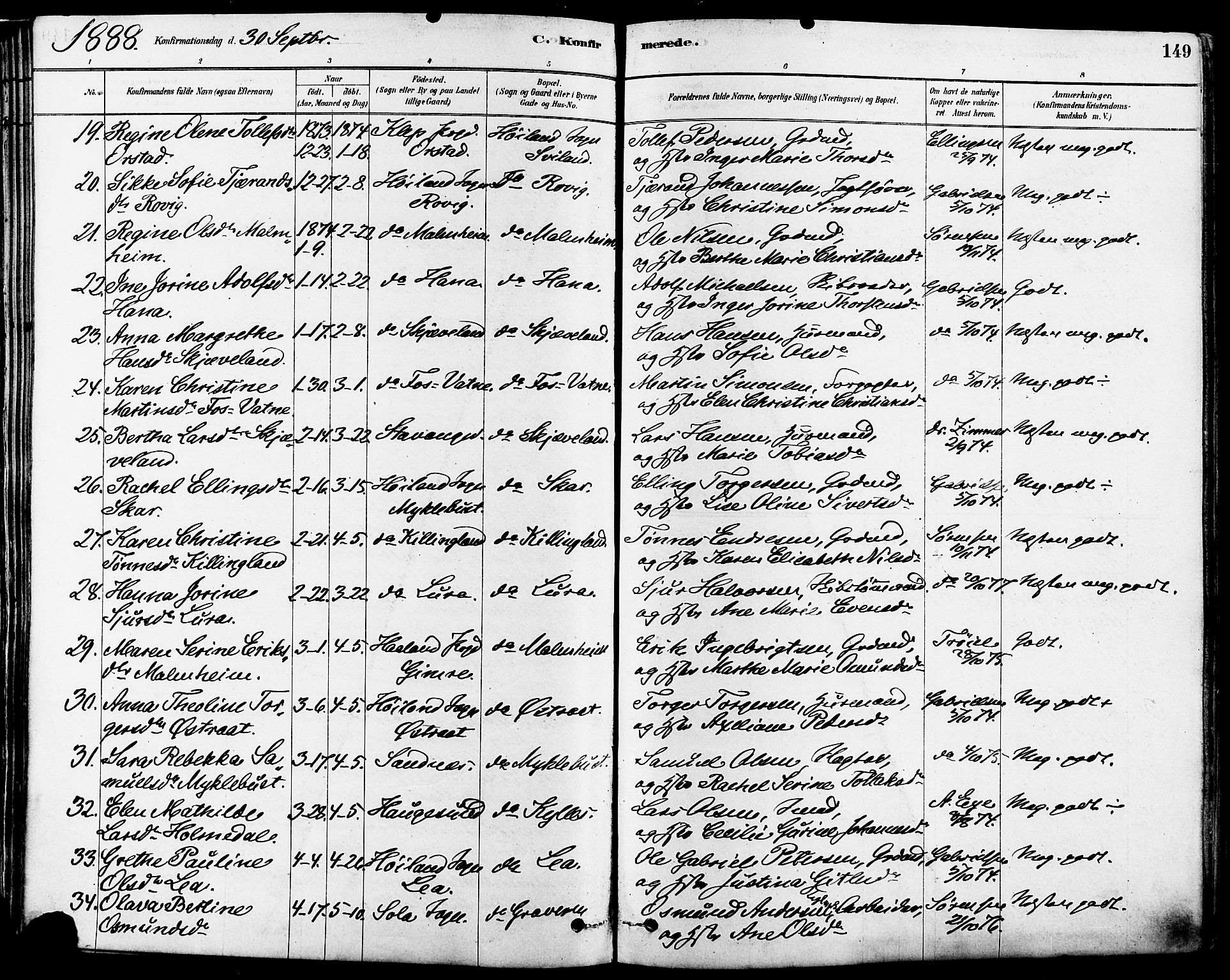 Høyland sokneprestkontor, AV/SAST-A-101799/001/30BA/L0011: Parish register (official) no. A 10, 1878-1888, p. 149