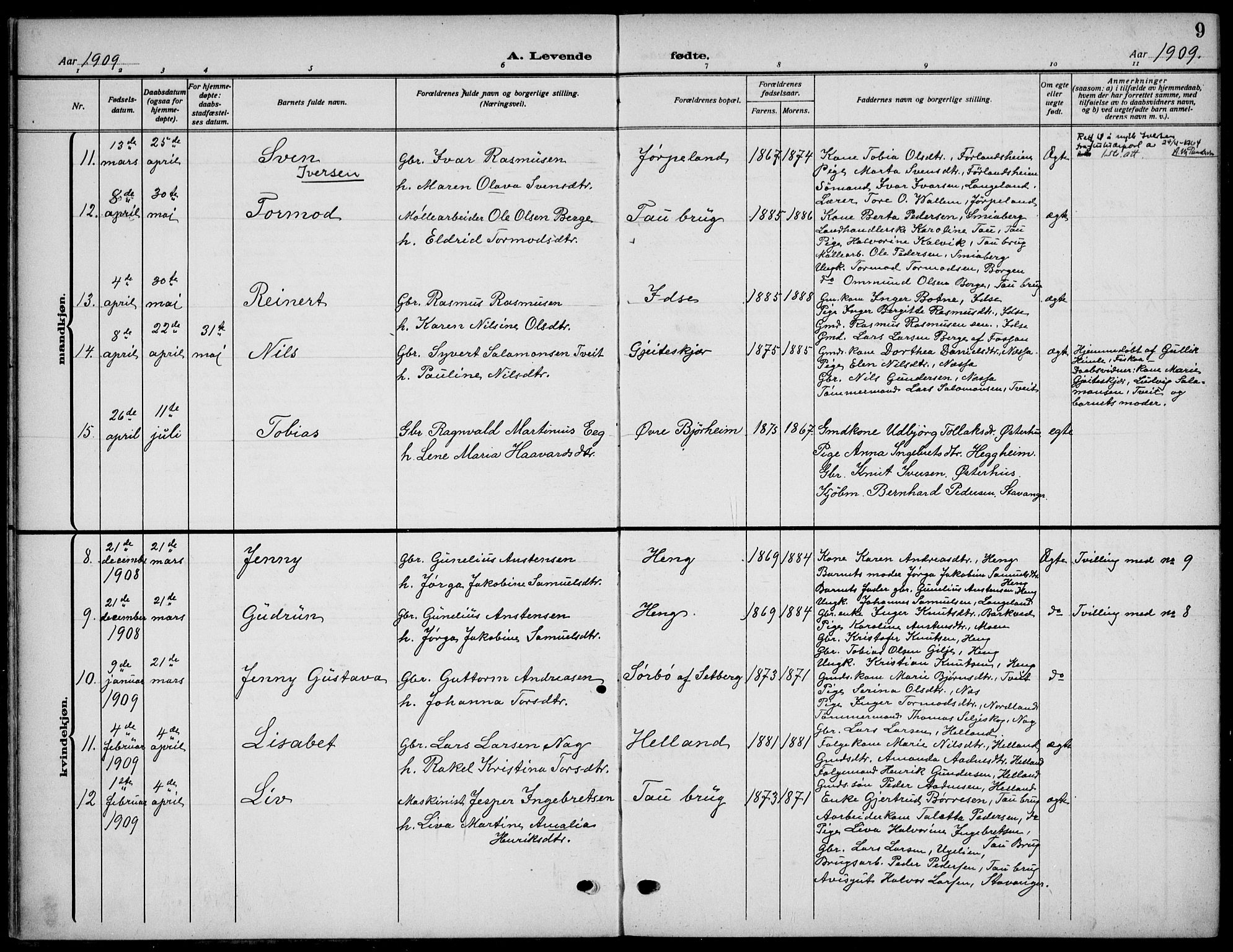 Strand sokneprestkontor, SAST/A-101828/H/Ha/Haa/L0011: Parish register (official) no. A 11, 1908-1930, p. 9