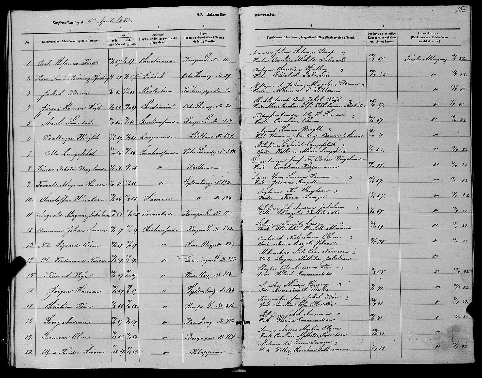 Kristiansand domprosti, SAK/1112-0006/F/Fb/L0016: Parish register (copy) no. B 16, 1881-1893, p. 156