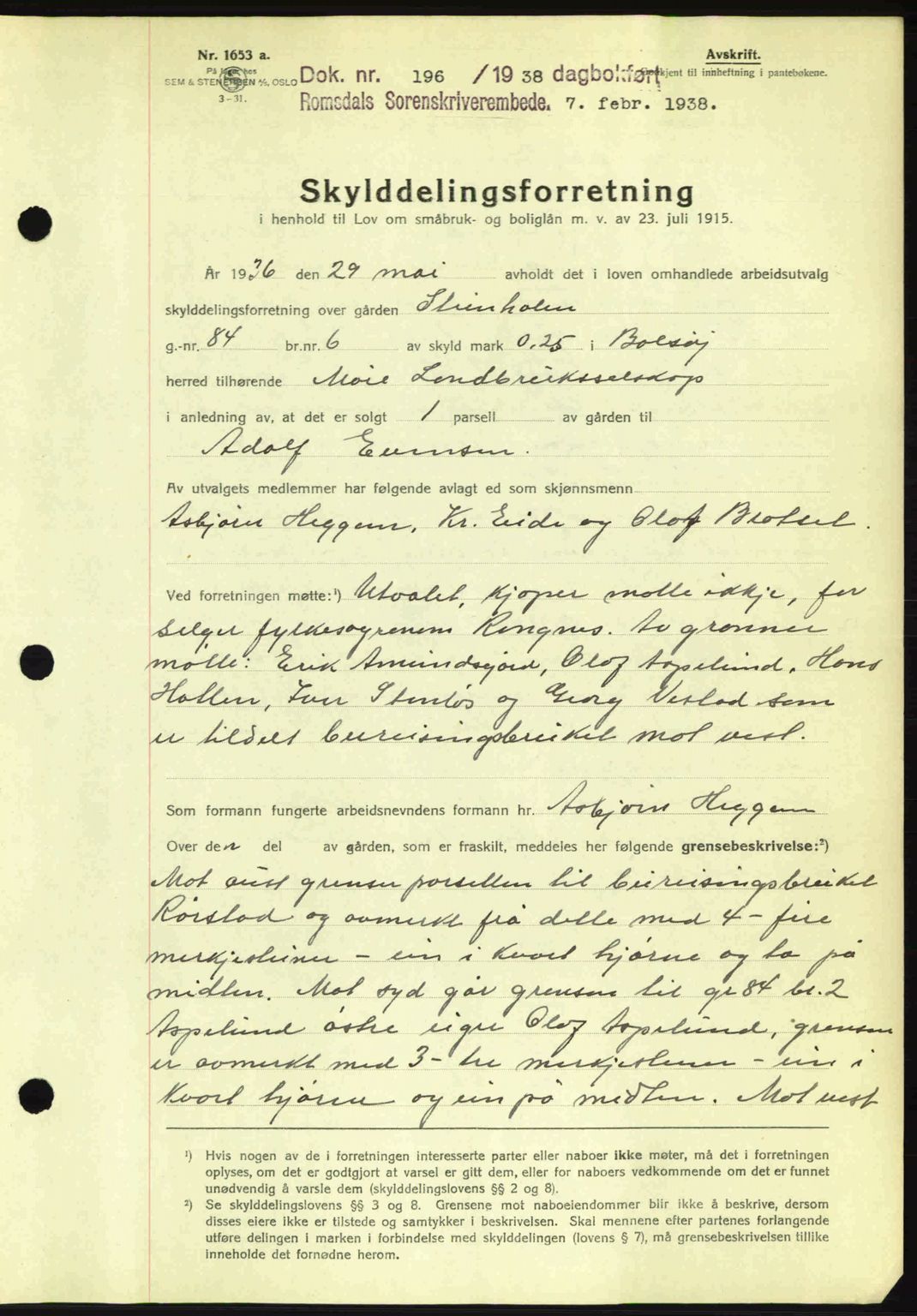 Romsdal sorenskriveri, AV/SAT-A-4149/1/2/2C: Mortgage book no. A4, 1937-1938, Diary no: : 196/1938