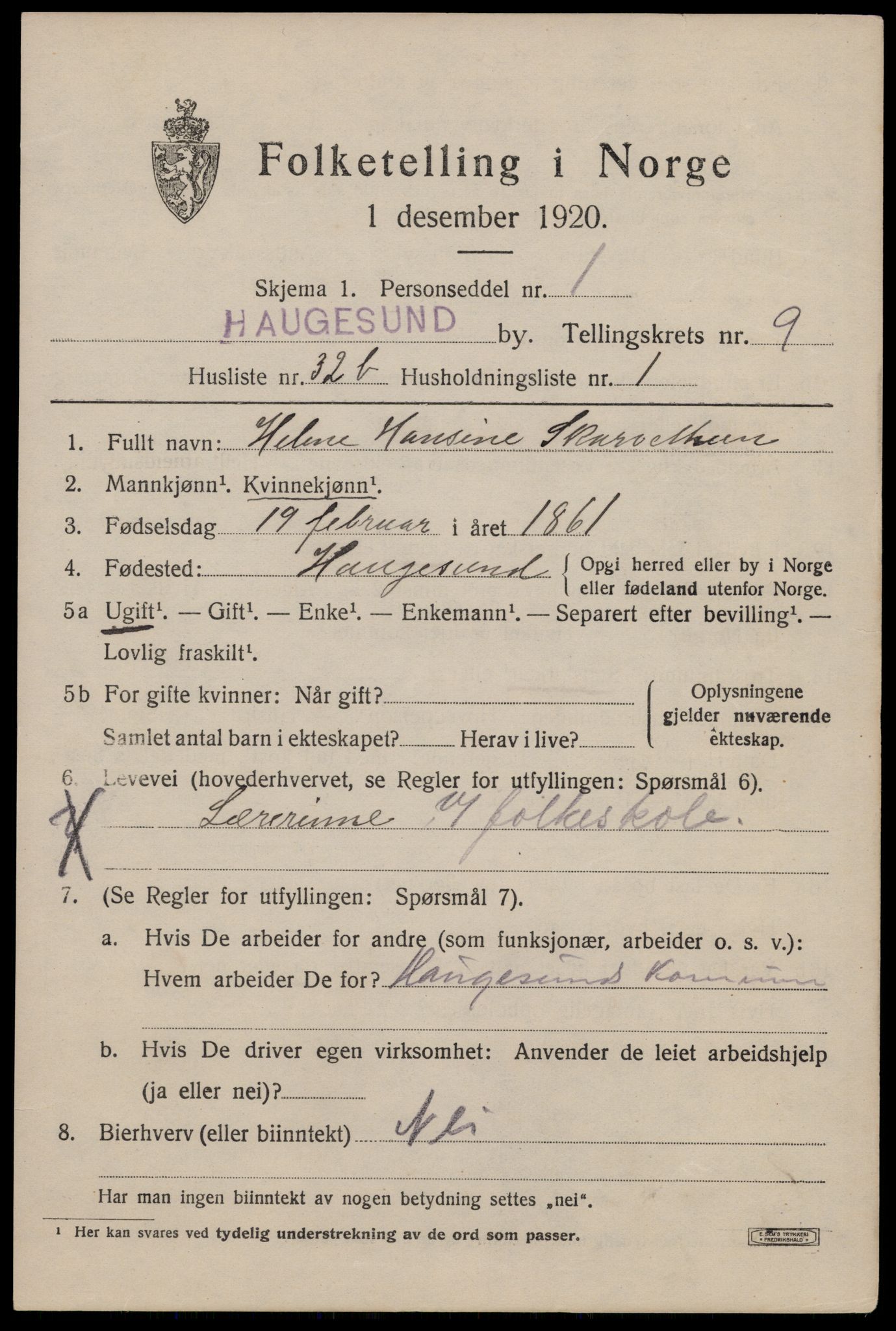 SAST, 1920 census for Haugesund, 1920, p. 32665