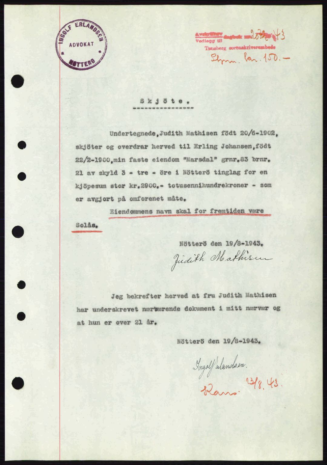 Tønsberg sorenskriveri, AV/SAKO-A-130/G/Ga/Gaa/L0013: Mortgage book no. A13, 1943-1943, Diary no: : 2072/1943