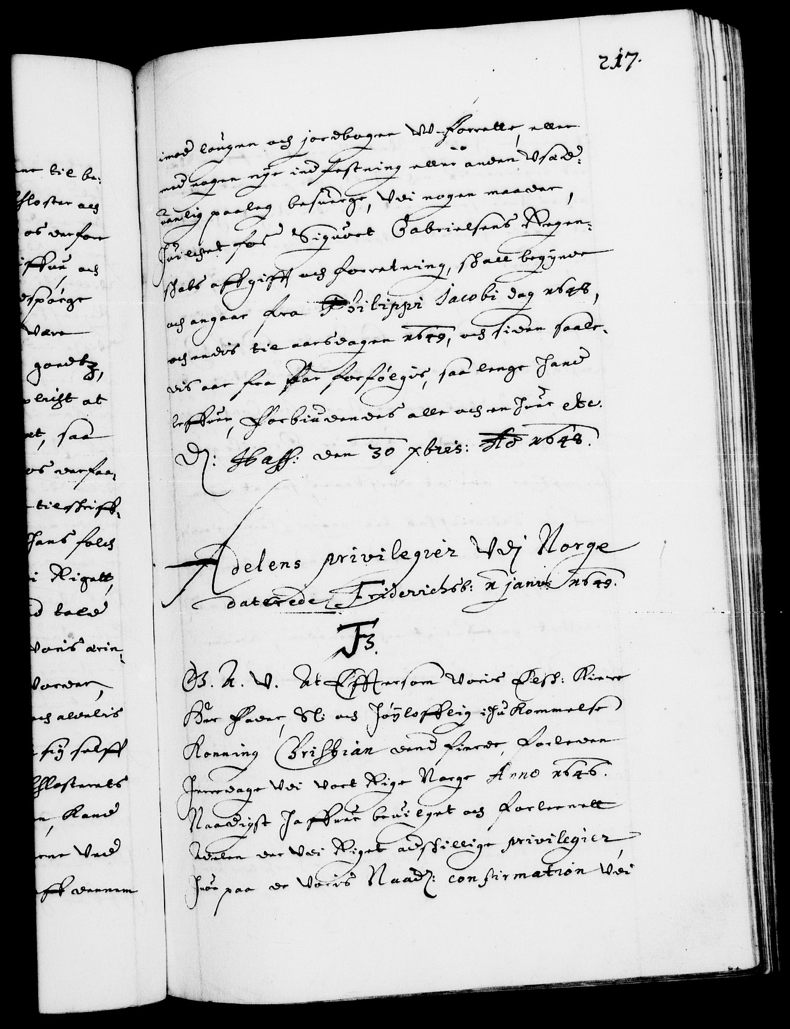 Danske Kanselli 1572-1799, RA/EA-3023/F/Fc/Fca/Fcaa/L0007: Norske registre (mikrofilm), 1648-1650, p. 217a