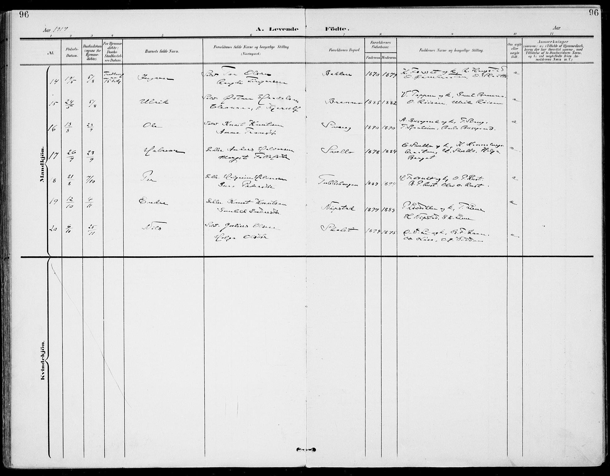 Gol kirkebøker, AV/SAKO-A-226/F/Fa/L0006: Parish register (official) no. I 6, 1901-1918, p. 96