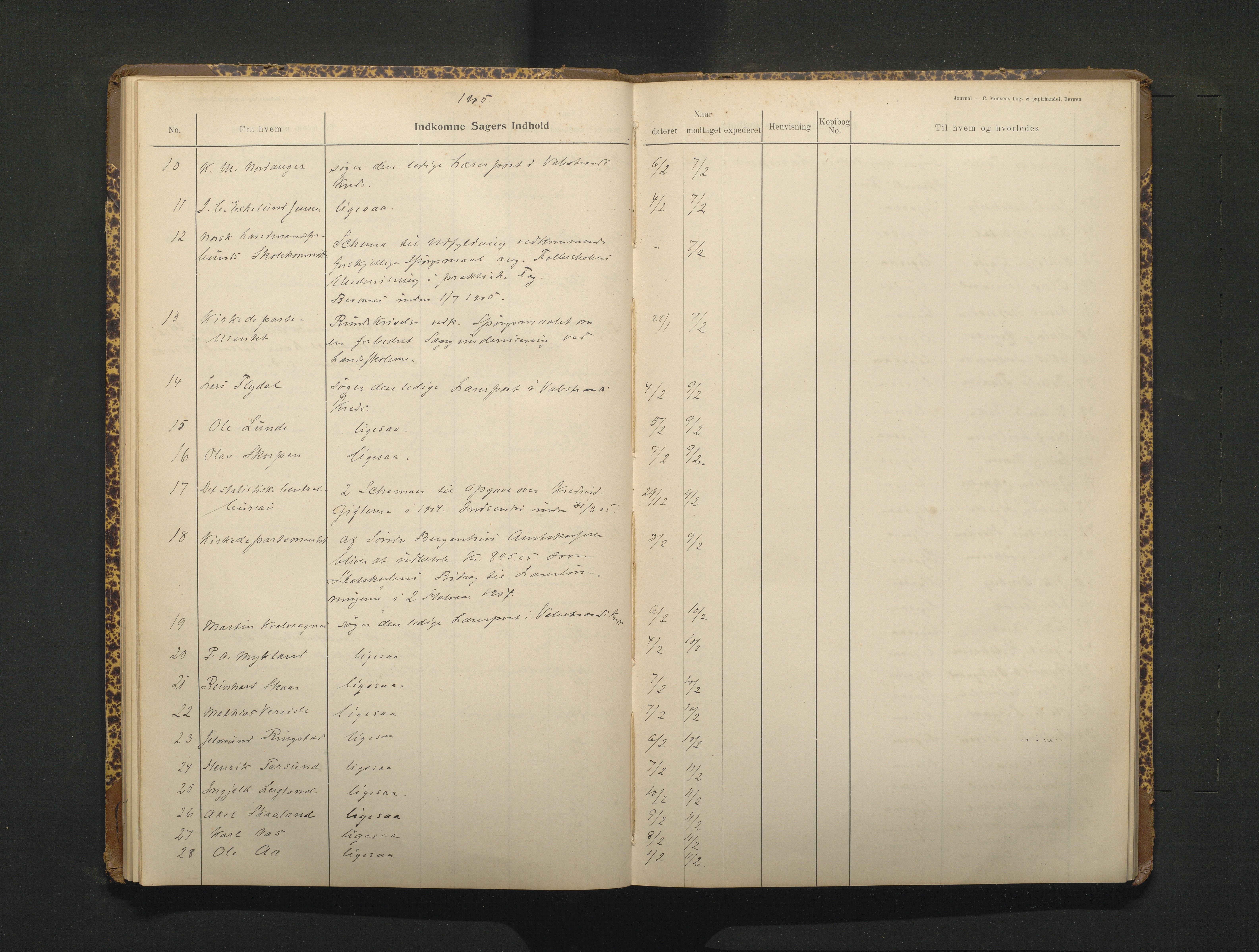 Hamre kommune. Skulestyret, IKAH/1254-211/C/Ca/L0003: Postjournal for Hamre skulestyre, 1901-1916