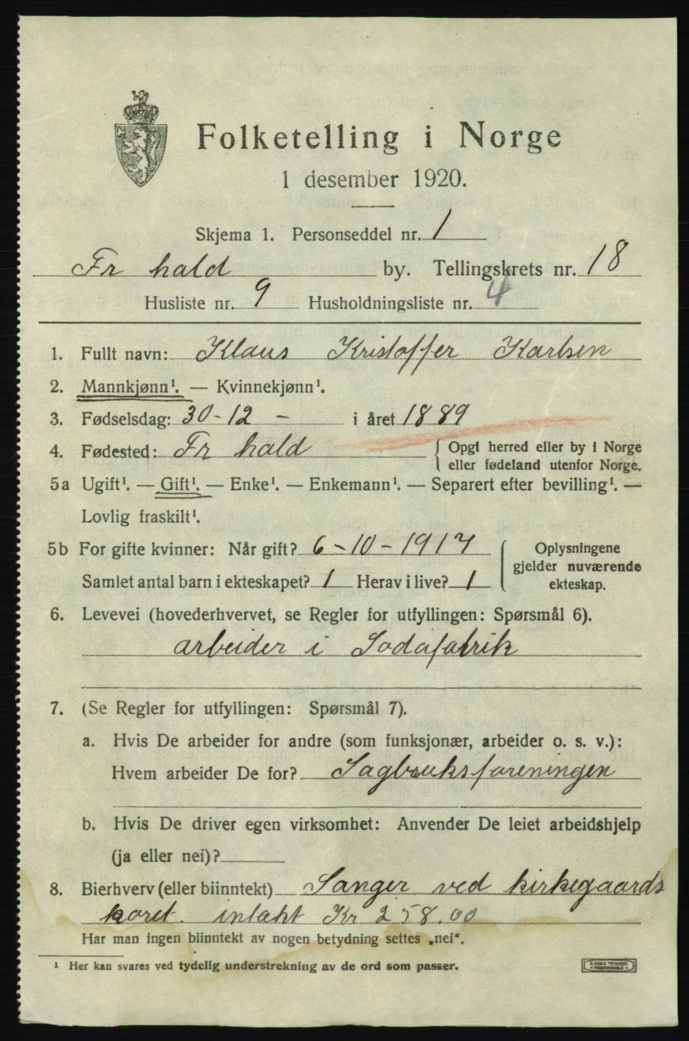 SAO, 1920 census for Fredrikshald, 1920, p. 27289