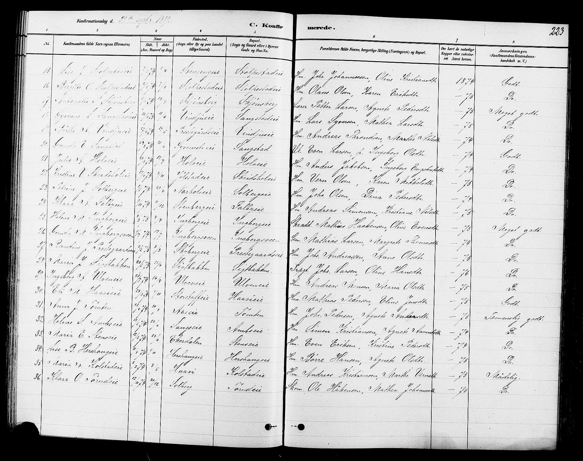 Ringsaker prestekontor, SAH/PREST-014/L/La/L0009: Parish register (copy) no. 9, 1879-1890, p. 223