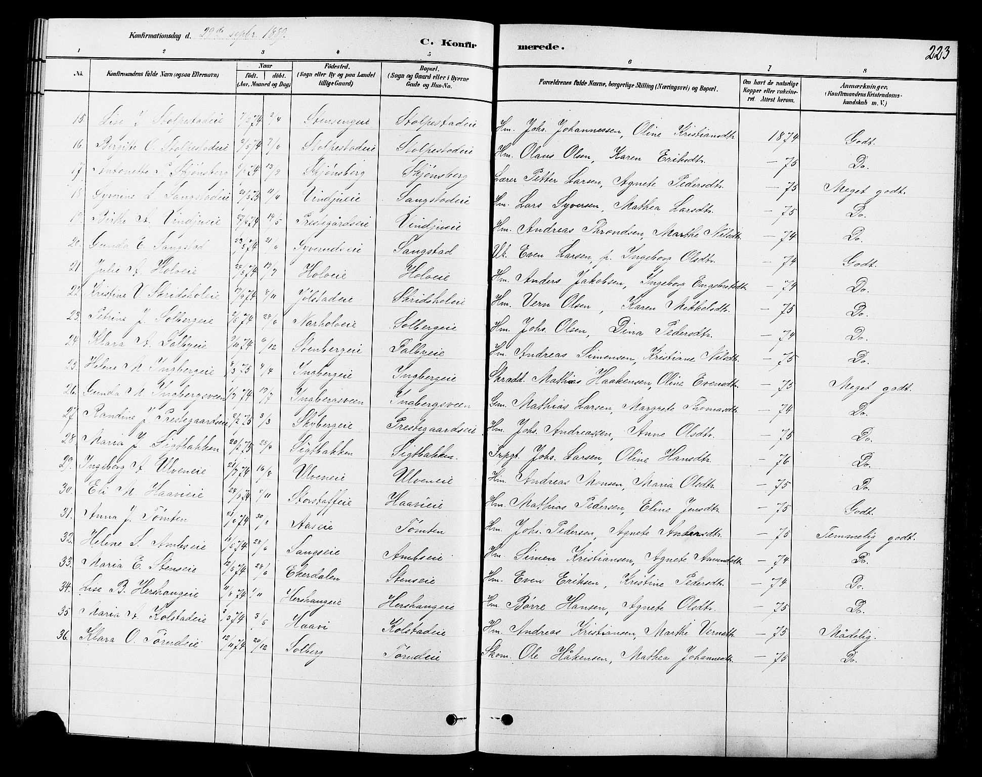 Ringsaker prestekontor, AV/SAH-PREST-014/L/La/L0009: Parish register (copy) no. 9, 1879-1890, p. 223