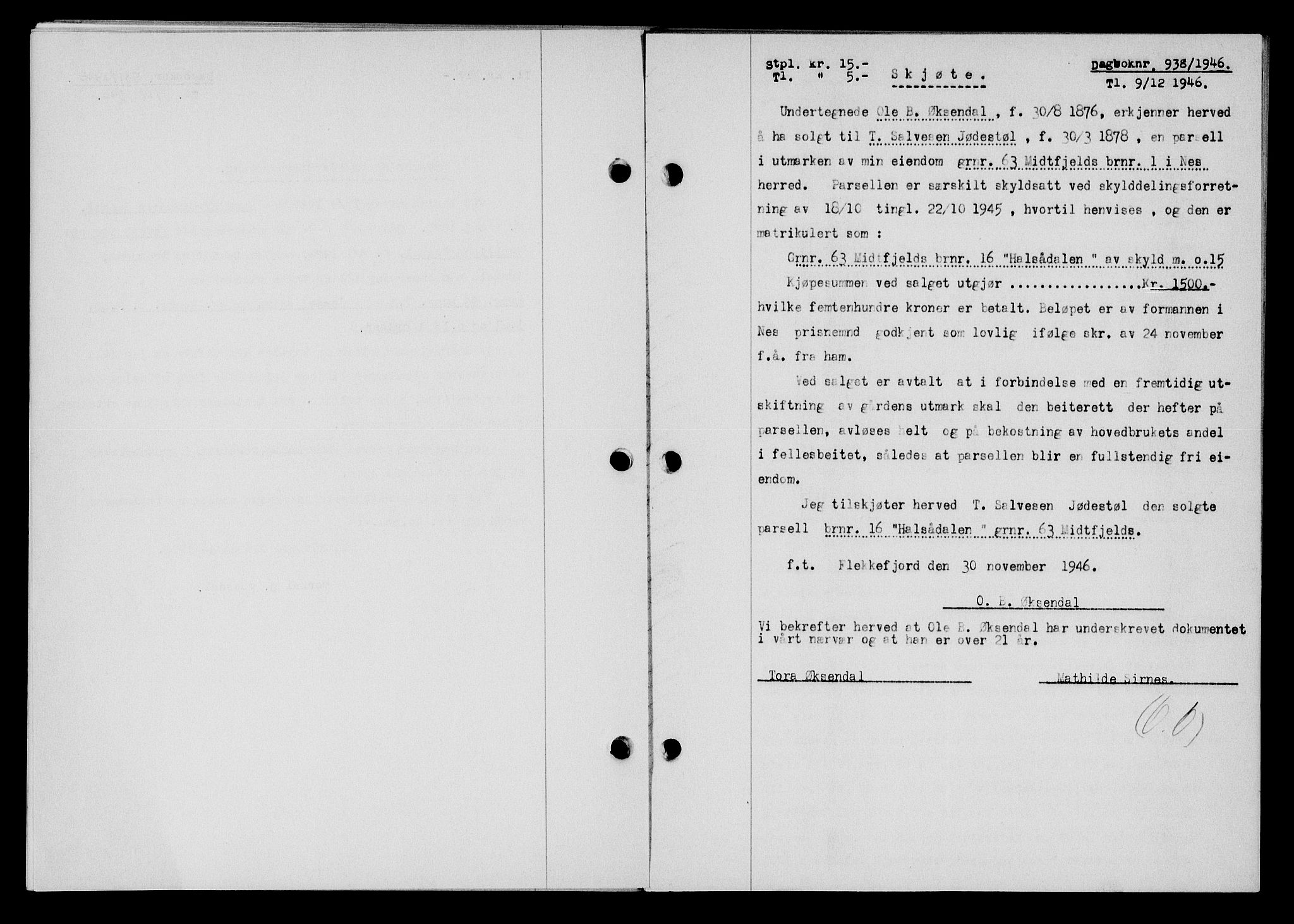 Flekkefjord sorenskriveri, SAK/1221-0001/G/Gb/Gba/L0061: Mortgage book no. A-9, 1946-1947, Diary no: : 938/1946