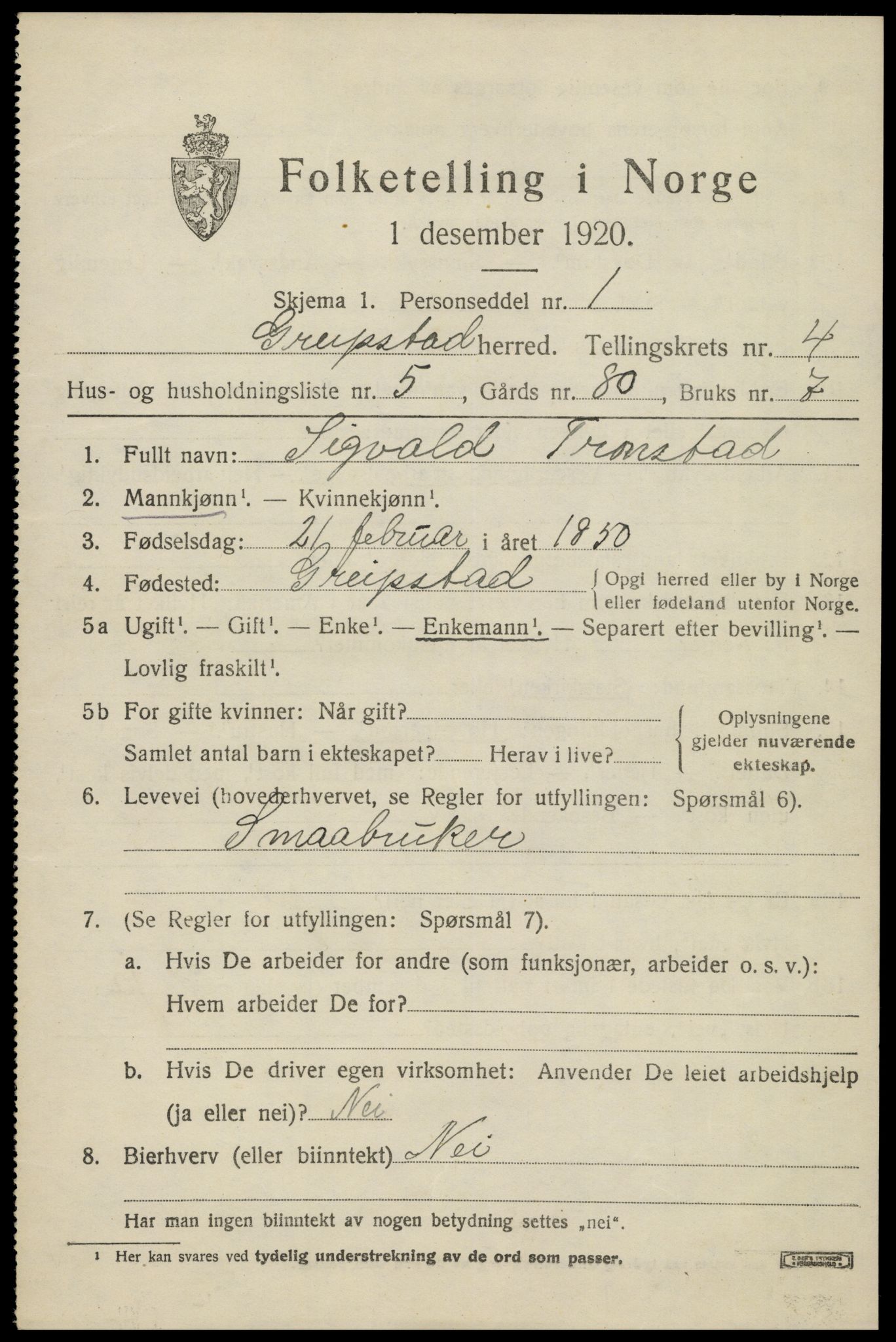 SAK, 1920 census for Greipstad, 1920, p. 1548