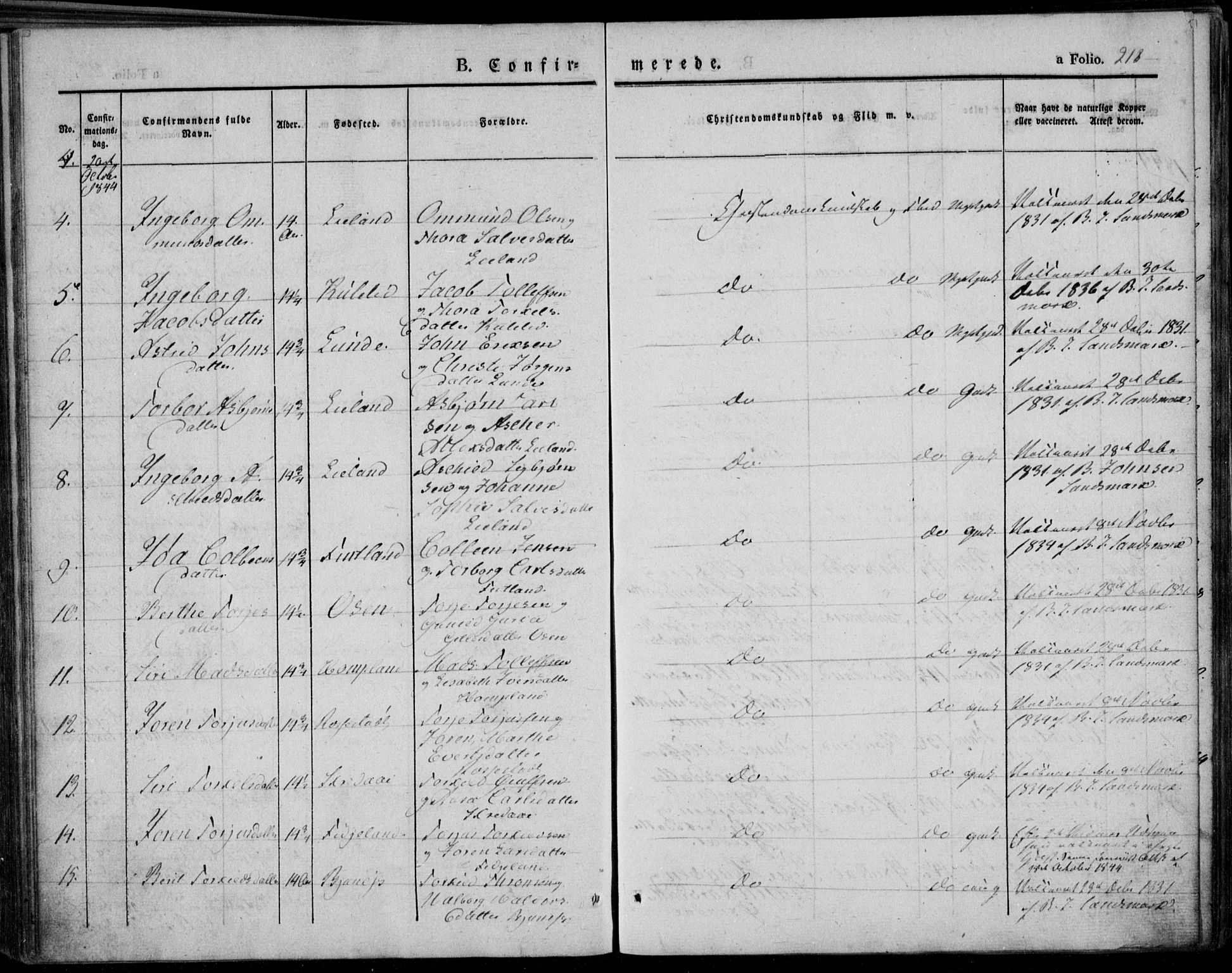 Bakke sokneprestkontor, SAK/1111-0002/F/Fa/Faa/L0004: Parish register (official) no. A 4, 1834-1846, p. 218