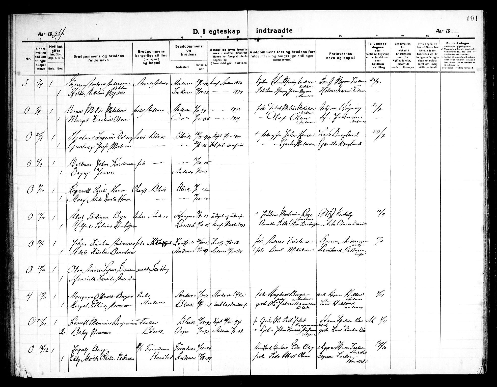 Ministerialprotokoller, klokkerbøker og fødselsregistre - Nordland, SAT/A-1459/899/L1450: Parish register (copy) no. 899C05, 1918-1945, p. 191