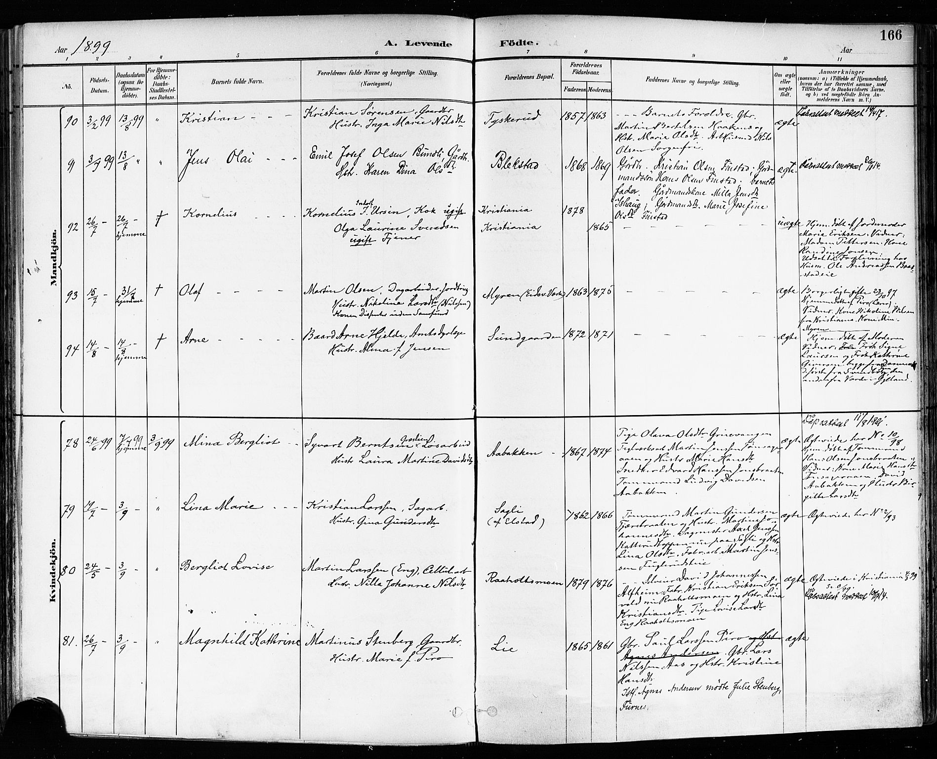 Eidsvoll prestekontor Kirkebøker, AV/SAO-A-10888/F/Fa/L0004: Parish register (official) no. I 4, 1891-1900, p. 166