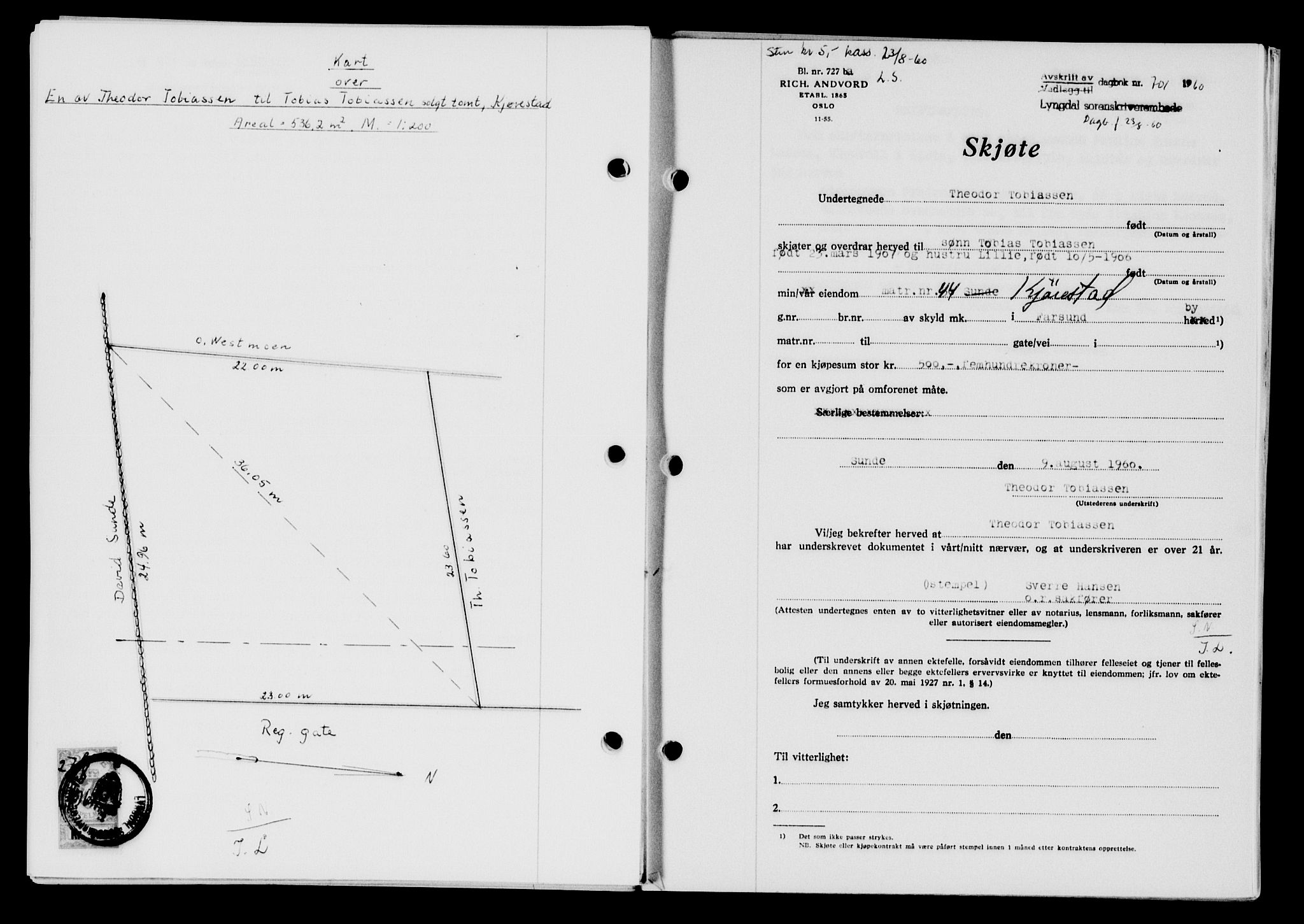 Lyngdal sorenskriveri, AV/SAK-1221-0004/G/Gb/L0680: Mortgage book no. A XXVI, 1960-1960, Diary no: : 701/1960