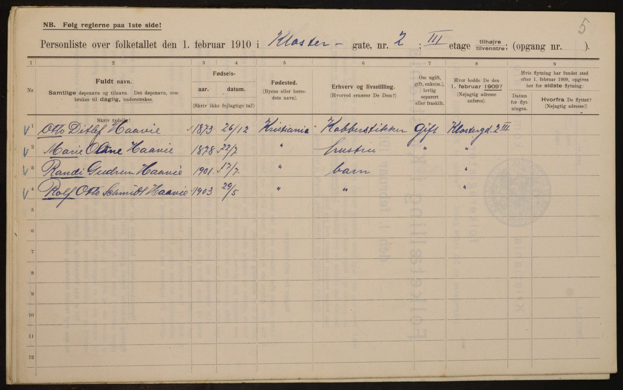 OBA, Municipal Census 1910 for Kristiania, 1910, p. 50616