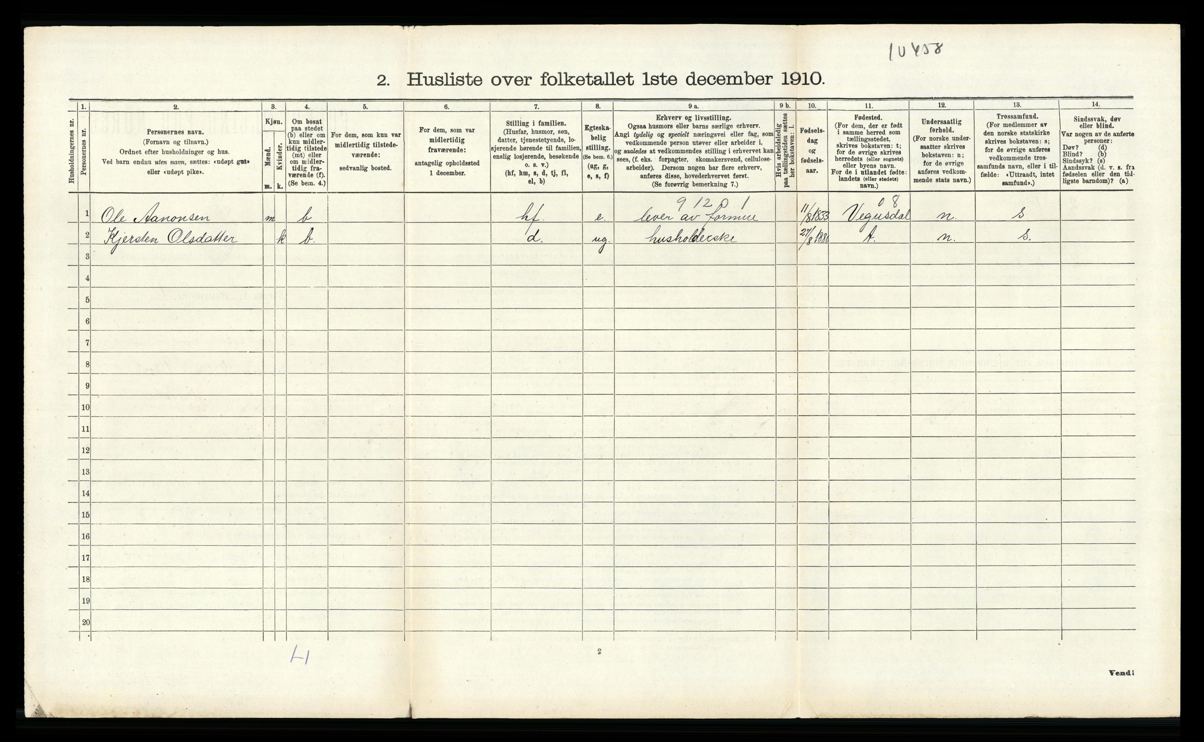 RA, 1910 census for Birkenes, 1910, p. 621