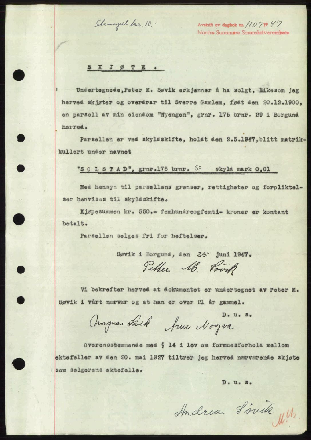 Nordre Sunnmøre sorenskriveri, AV/SAT-A-0006/1/2/2C/2Ca: Mortgage book no. A24, 1947-1947, Diary no: : 1107/1947