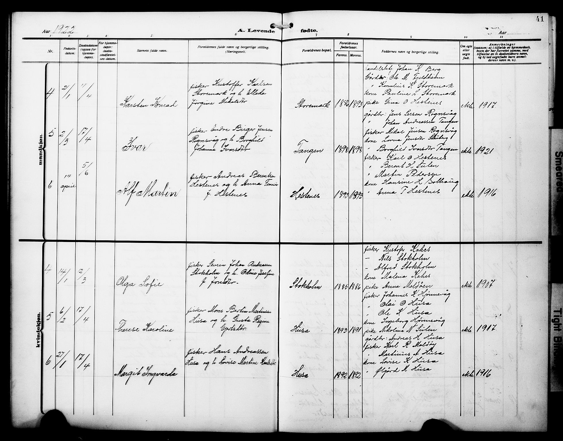 Lindås Sokneprestembete, SAB/A-76701/H/Hab: Parish register (copy) no. D 4, 1913-1928, p. 41