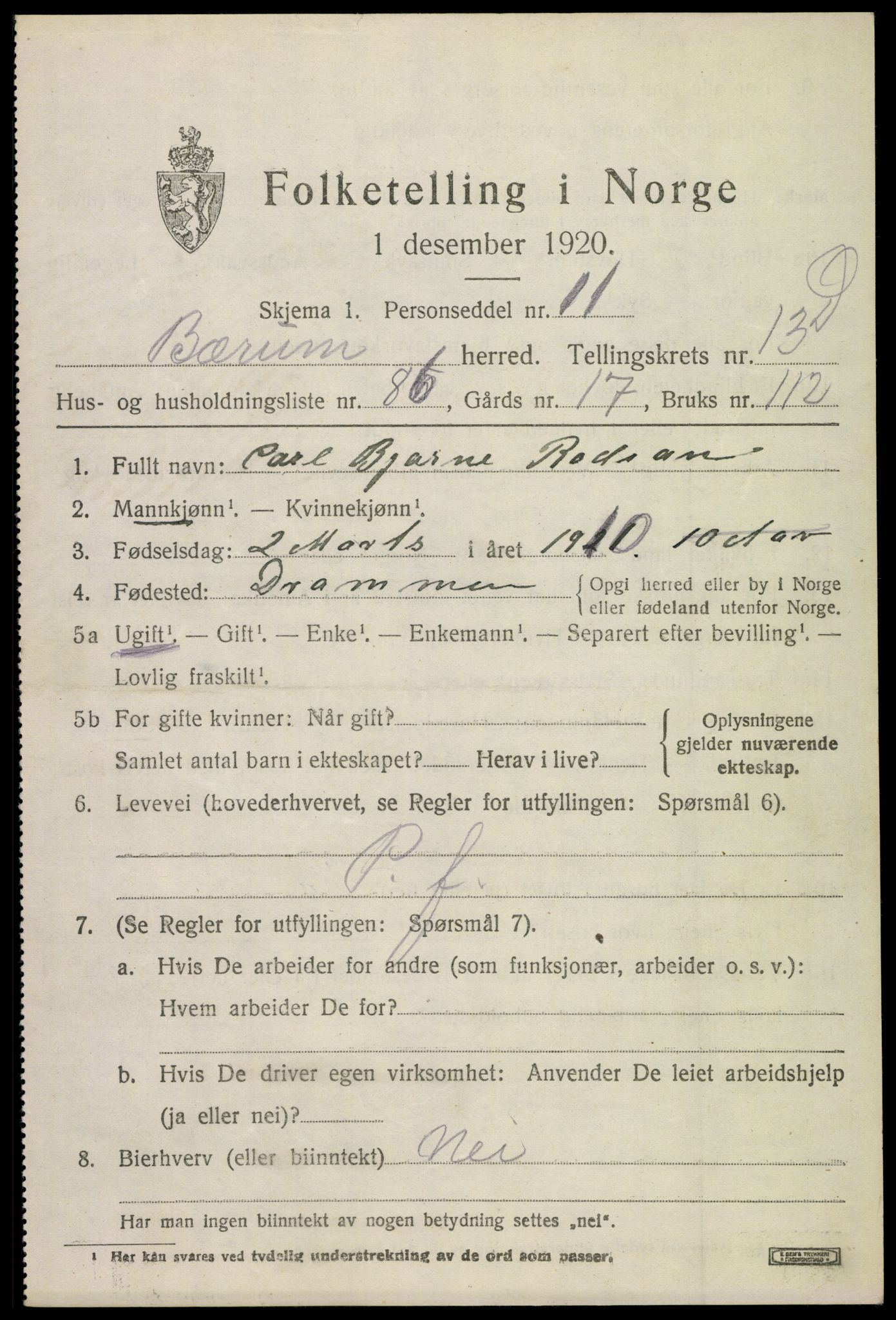SAO, 1920 census for Bærum, 1920, p. 37746