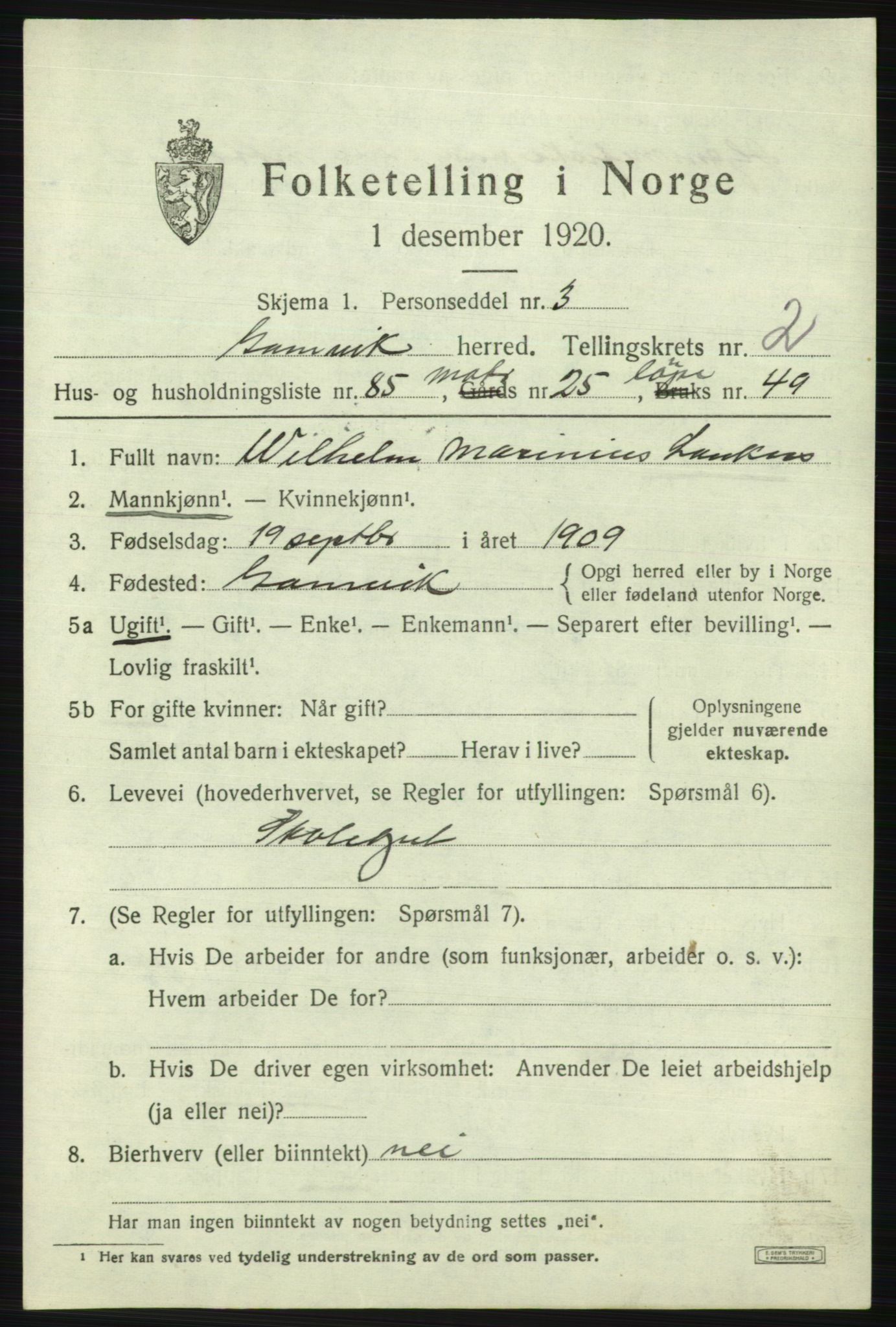 SATØ, 1920 census for Gamvik, 1920, p. 2384