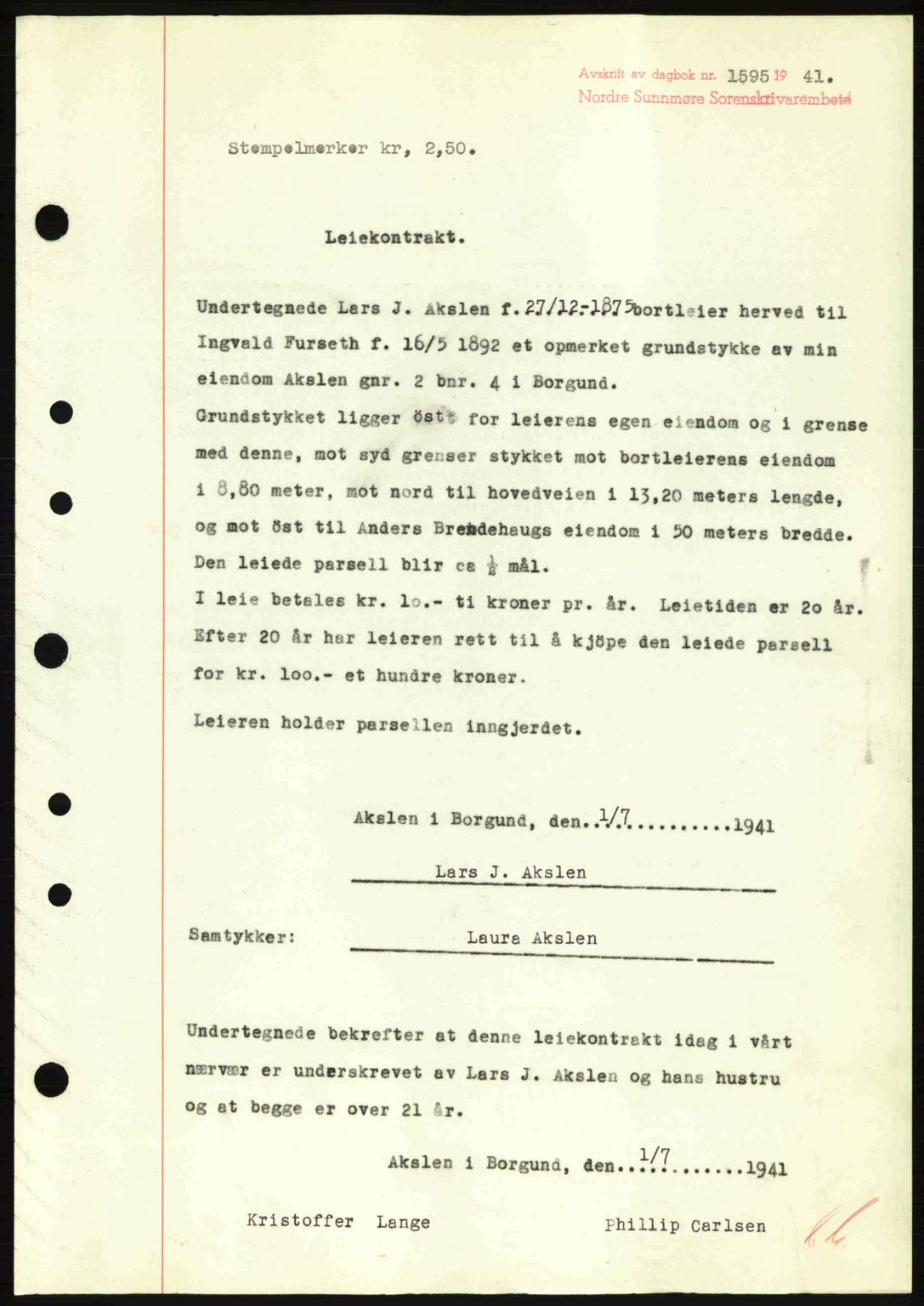 Nordre Sunnmøre sorenskriveri, AV/SAT-A-0006/1/2/2C/2Ca: Mortgage book no. A12, 1941-1942, Diary no: : 1595/1941