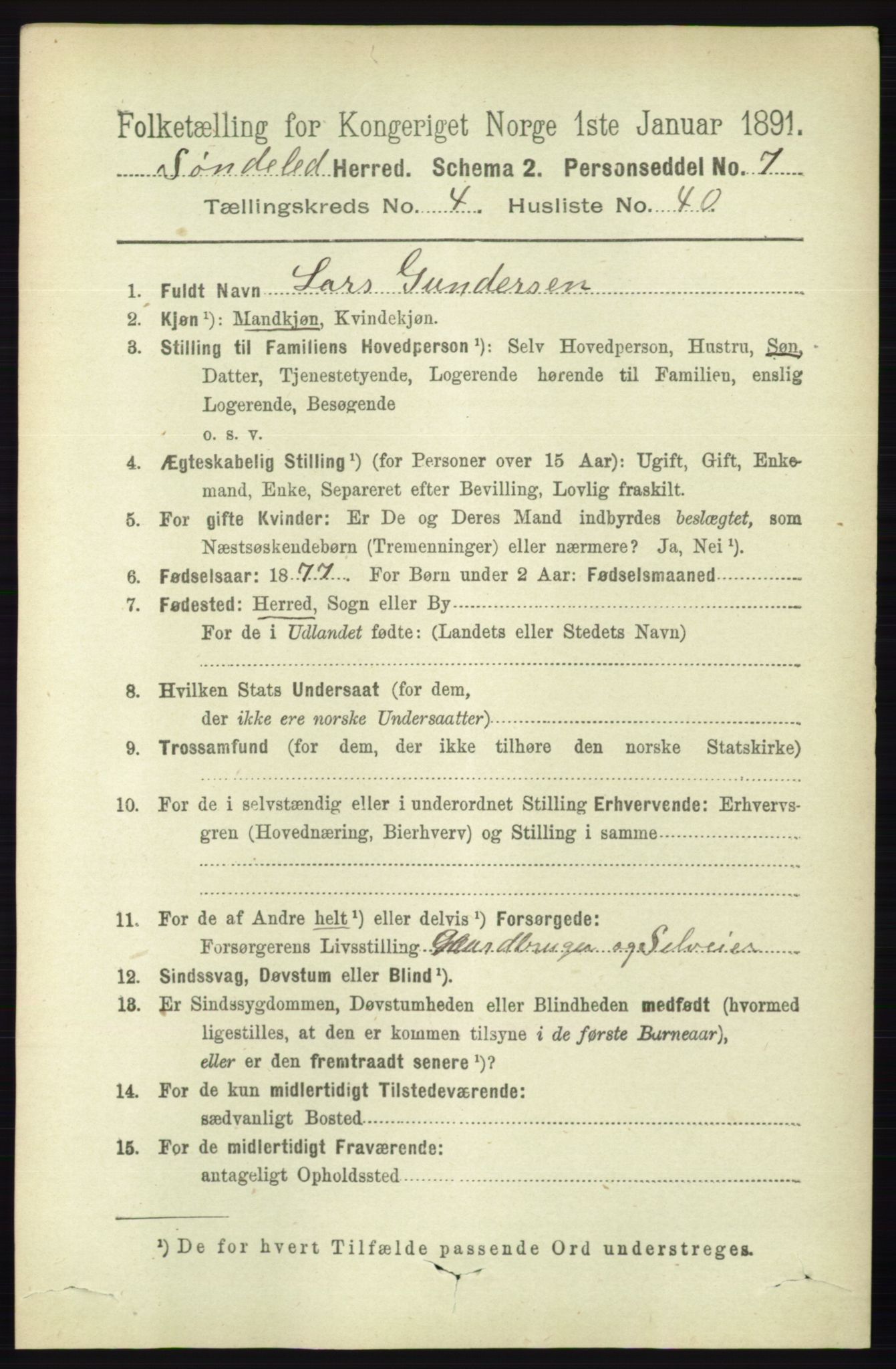 RA, 1891 census for 0913 Søndeled, 1891, p. 1131