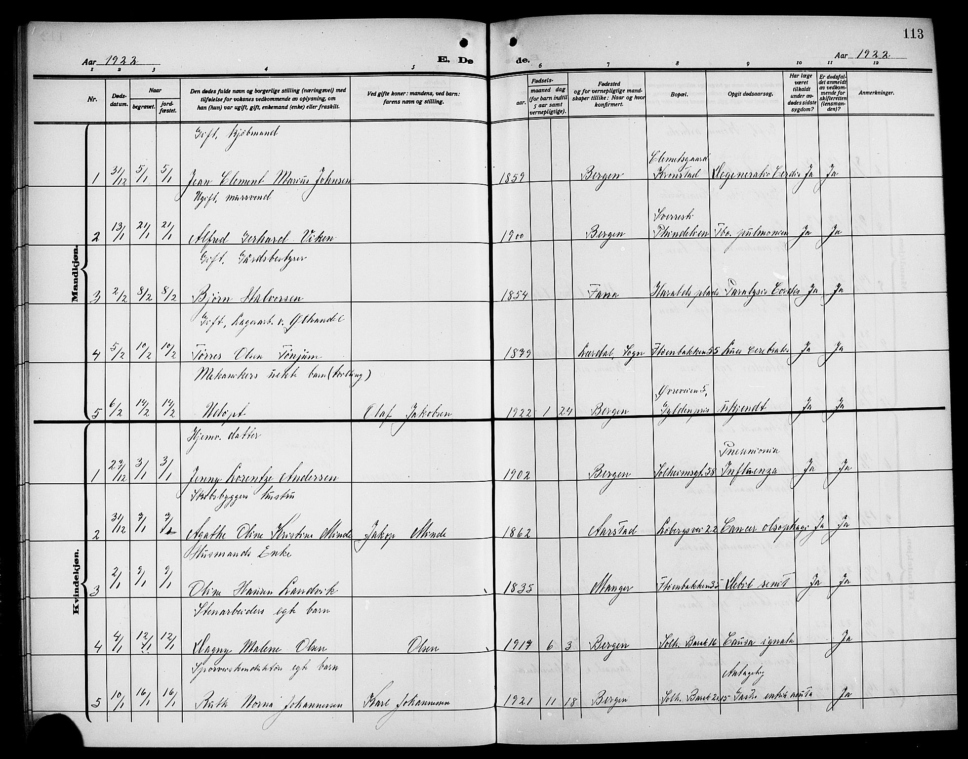 Årstad Sokneprestembete, AV/SAB-A-79301/H/Hab/L0024: Parish register (copy) no. D 1, 1915-1922, p. 113