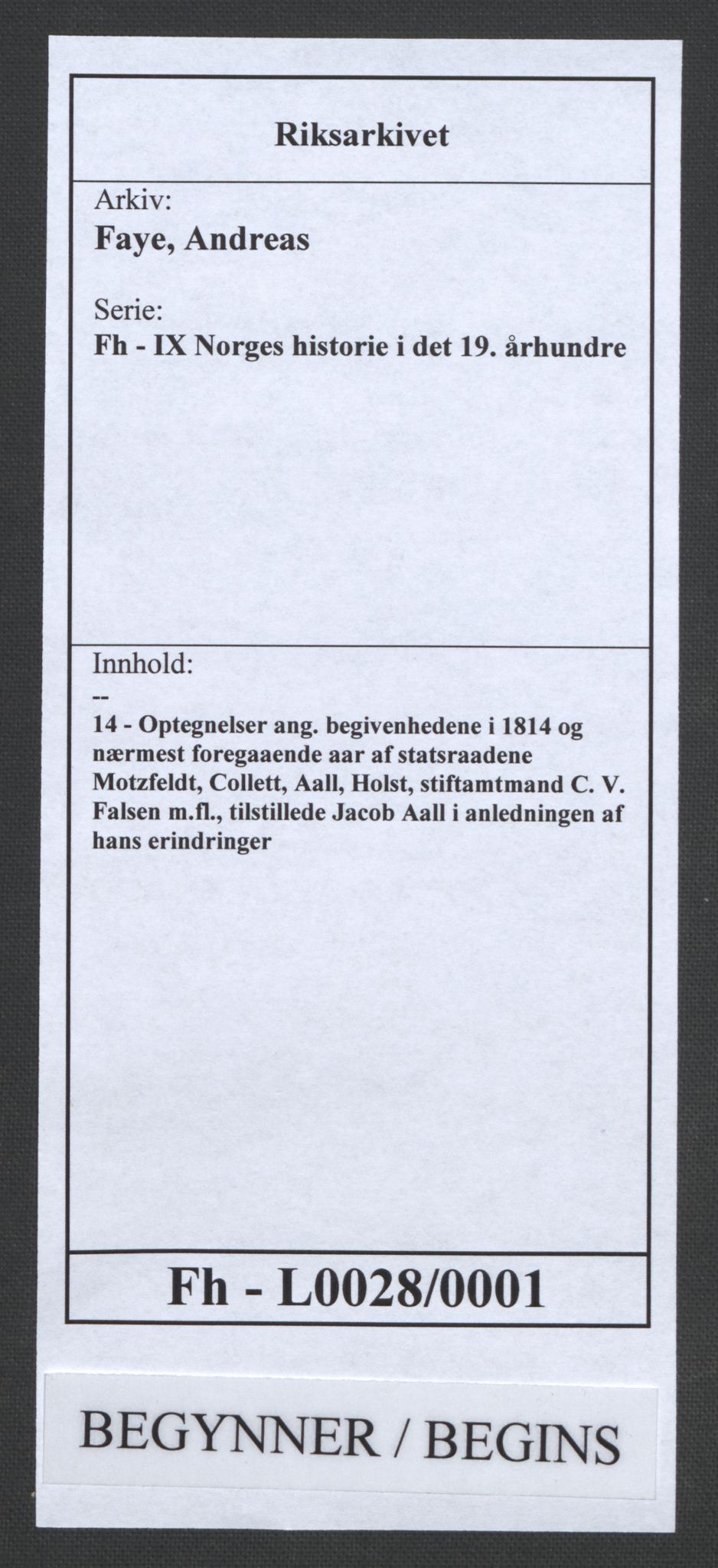 Faye, Andreas, AV/RA-PA-0015/F/Fh/L0028/0001: -- / Optegnelser ang. begivenhedene i 1814 og nærmest foregaaende aar af statsraadene Motzfeldt, Collett, Aall, Holst, stiftamtmand C. V. Falsen m.fl., tilstillede Jacob Aall i anledningen af hans erindringer, p. 1