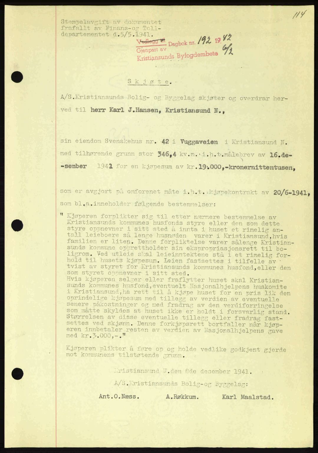 Kristiansund byfogd, AV/SAT-A-4587/A/27: Mortgage book no. 34, 1941-1945, Diary no: : 192/1942