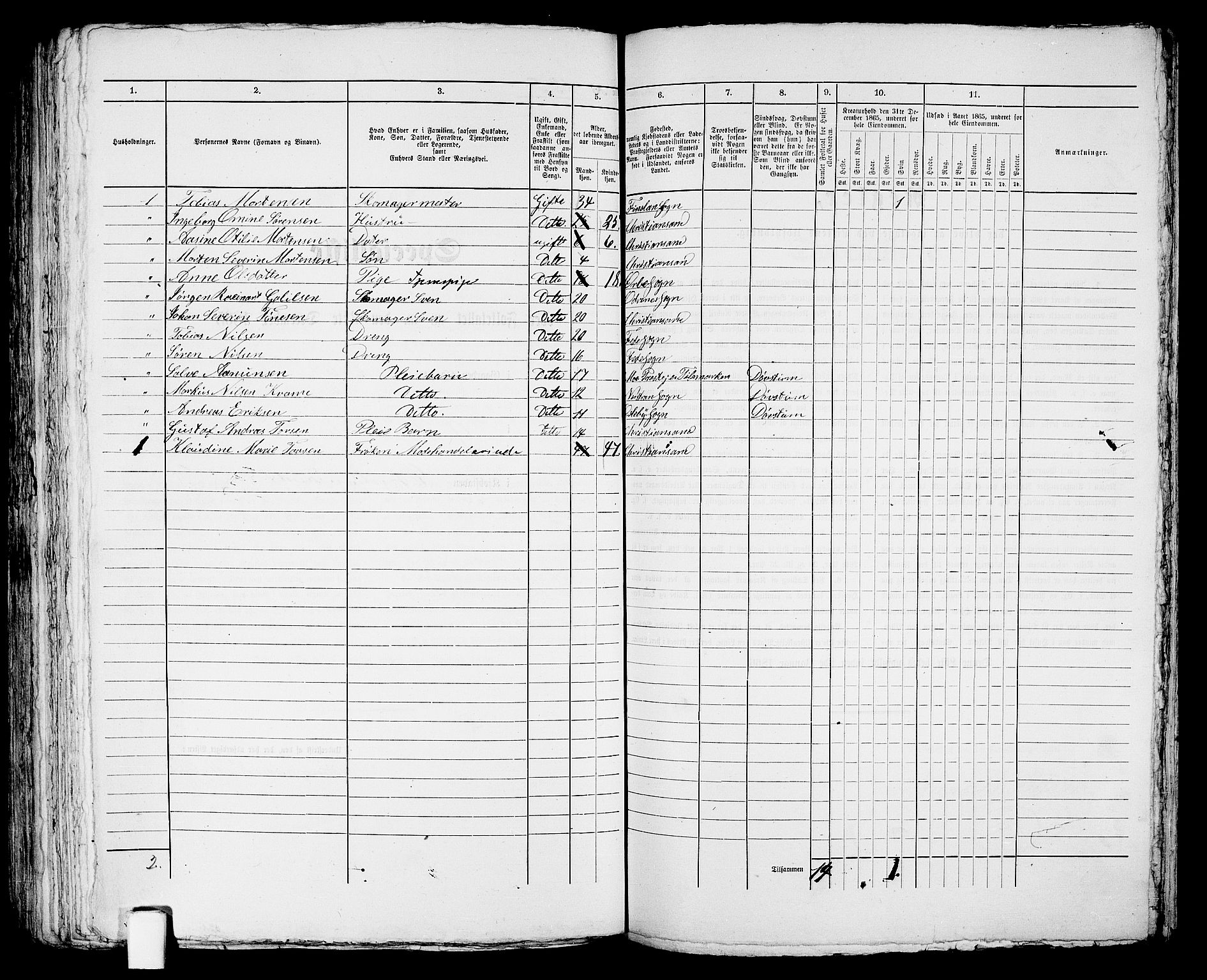 RA, 1865 census for Kristiansand, 1865, p. 285