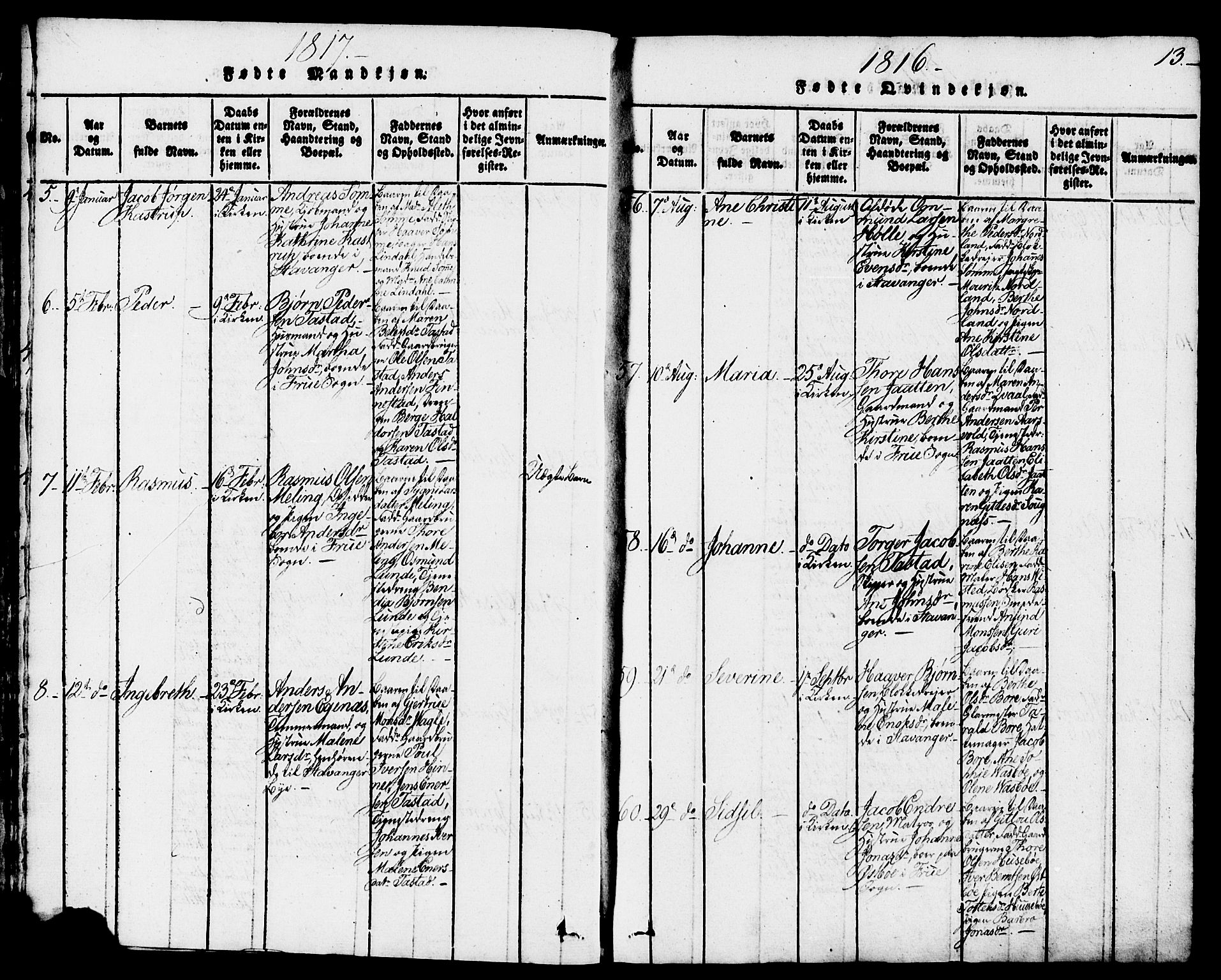 Domkirken sokneprestkontor, SAST/A-101812/001/30/30BB/L0008: Parish register (copy) no. B 8, 1816-1821, p. 13