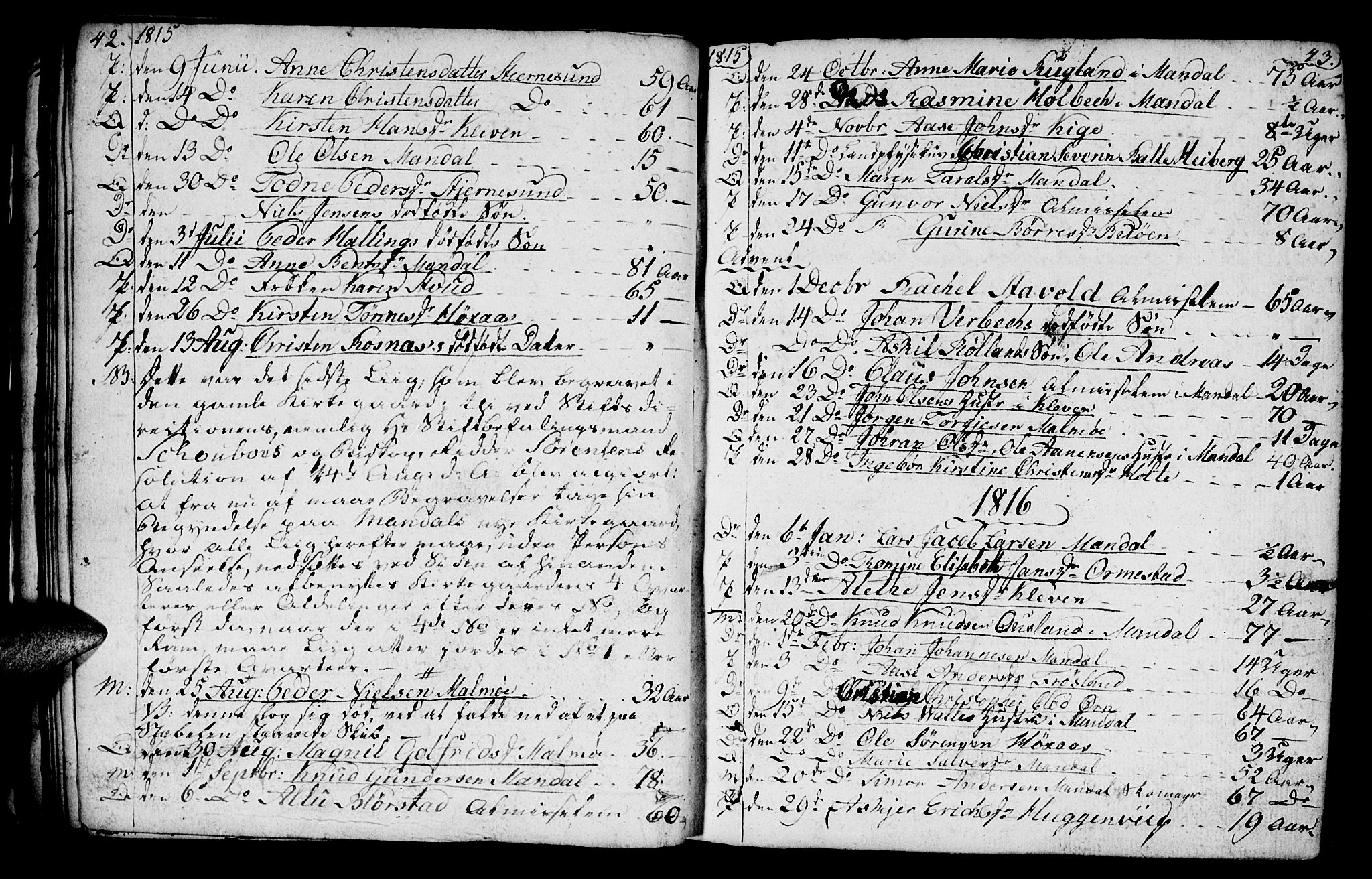 Mandal sokneprestkontor, SAK/1111-0030/F/Fa/Faa/L0009: Parish register (official) no. A 9, 1804-1818, p. 42-43