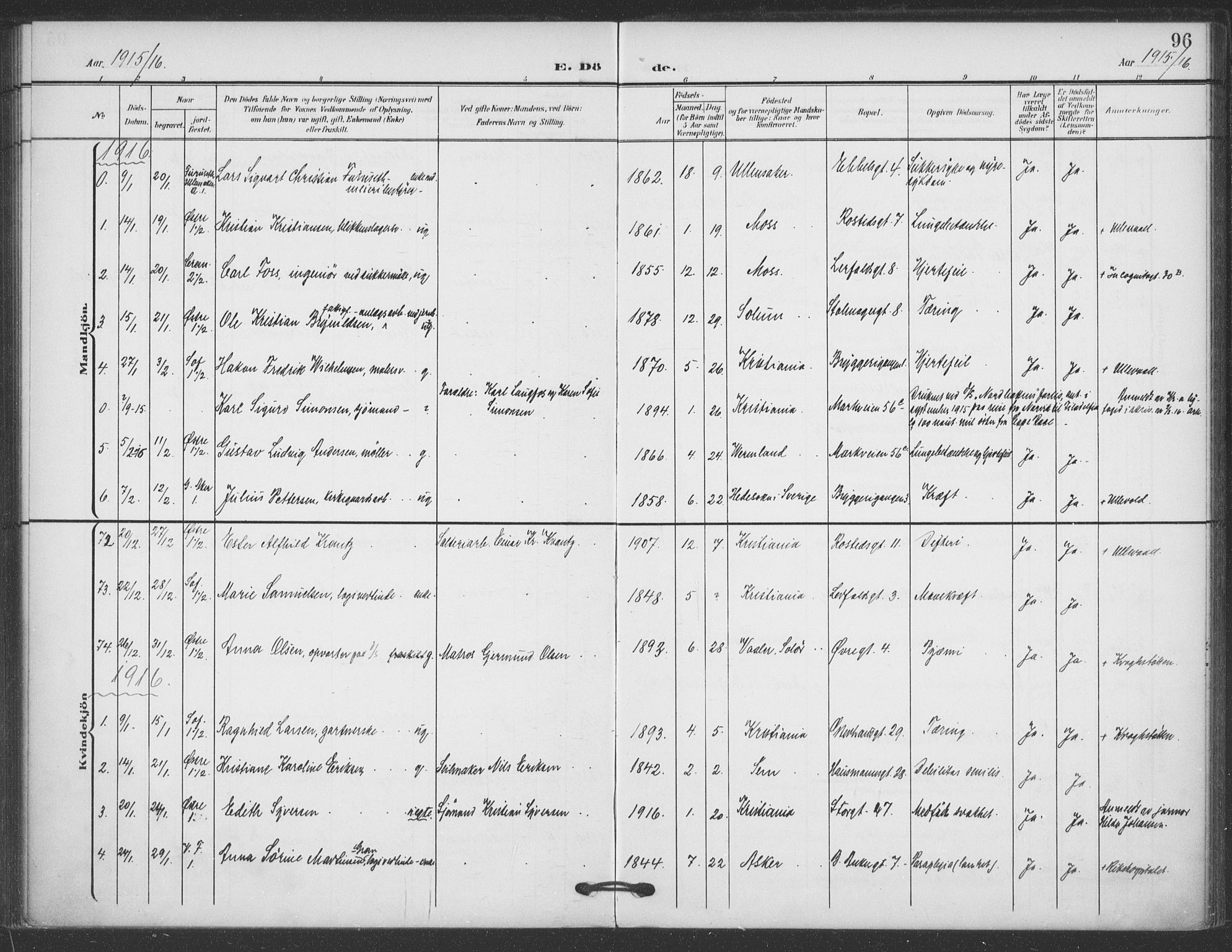 Jakob prestekontor Kirkebøker, SAO/A-10850/F/Fa/L0011: Parish register (official) no. 11, 1906-1920, p. 96