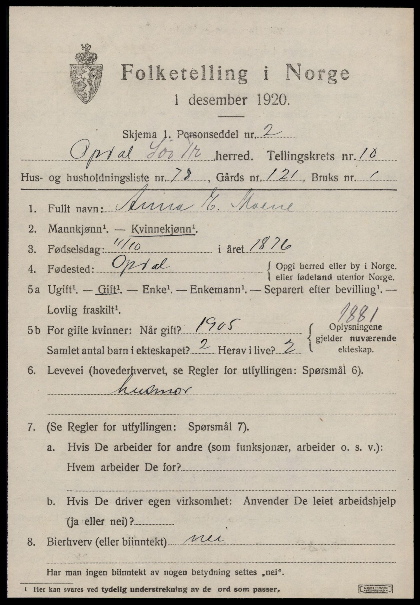 SAT, 1920 census for Oppdal, 1920, p. 9207