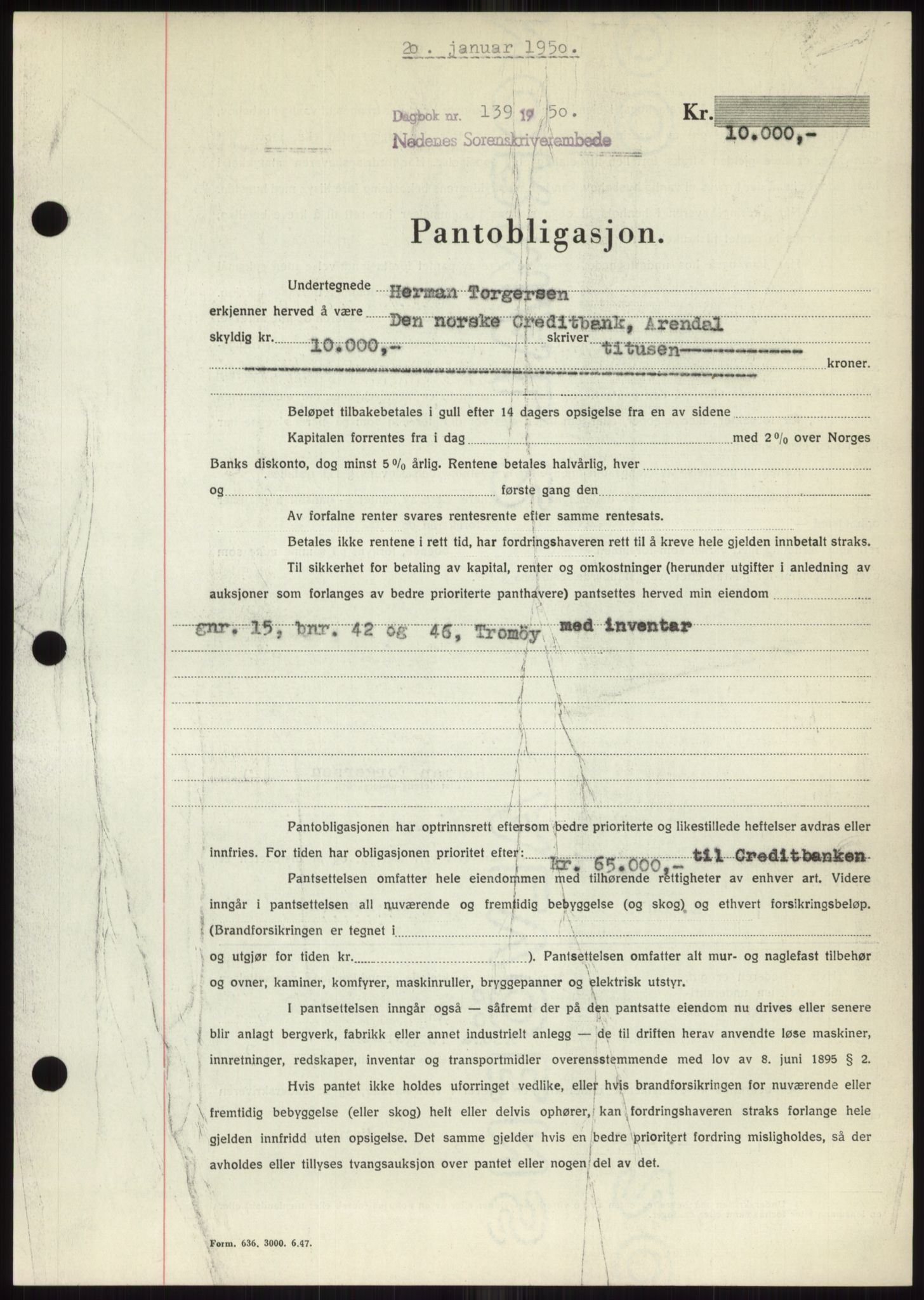 Nedenes sorenskriveri, AV/SAK-1221-0006/G/Gb/Gbb/L0007: Mortgage book no. B7, 1949-1950, Diary no: : 139/1950