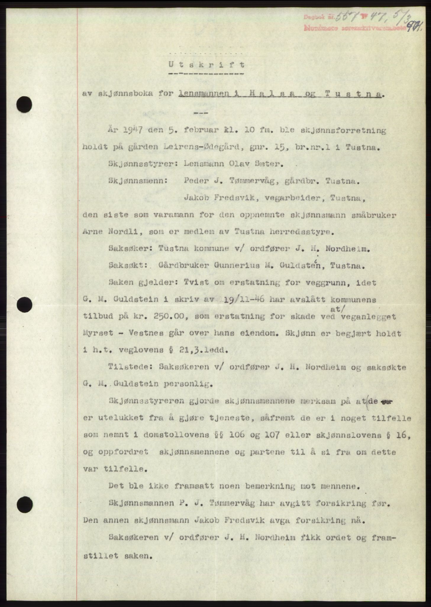 Nordmøre sorenskriveri, AV/SAT-A-4132/1/2/2Ca: Mortgage book no. B95, 1946-1947, Diary no: : 557/1947