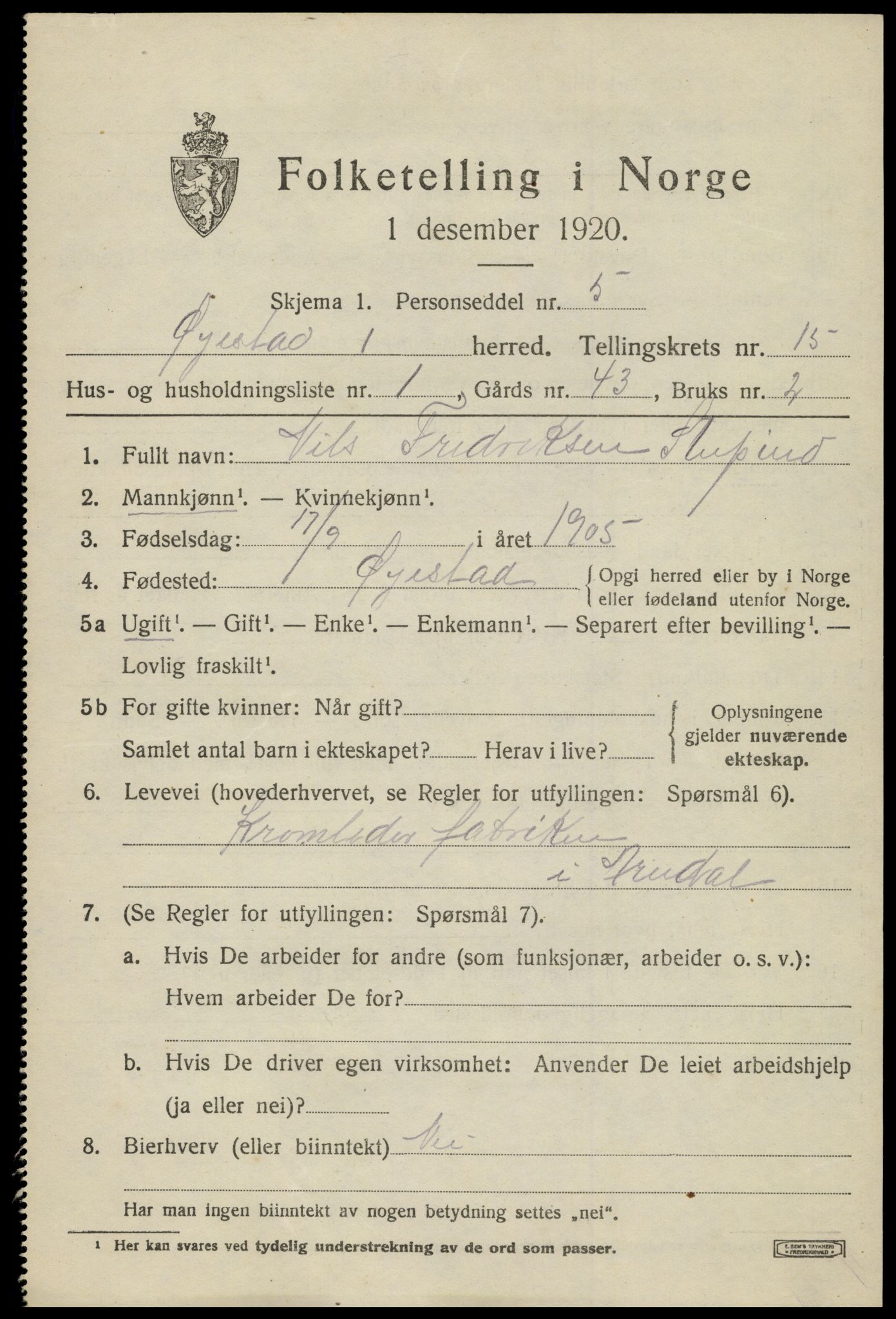 SAK, 1920 census for Øyestad, 1920, p. 10102