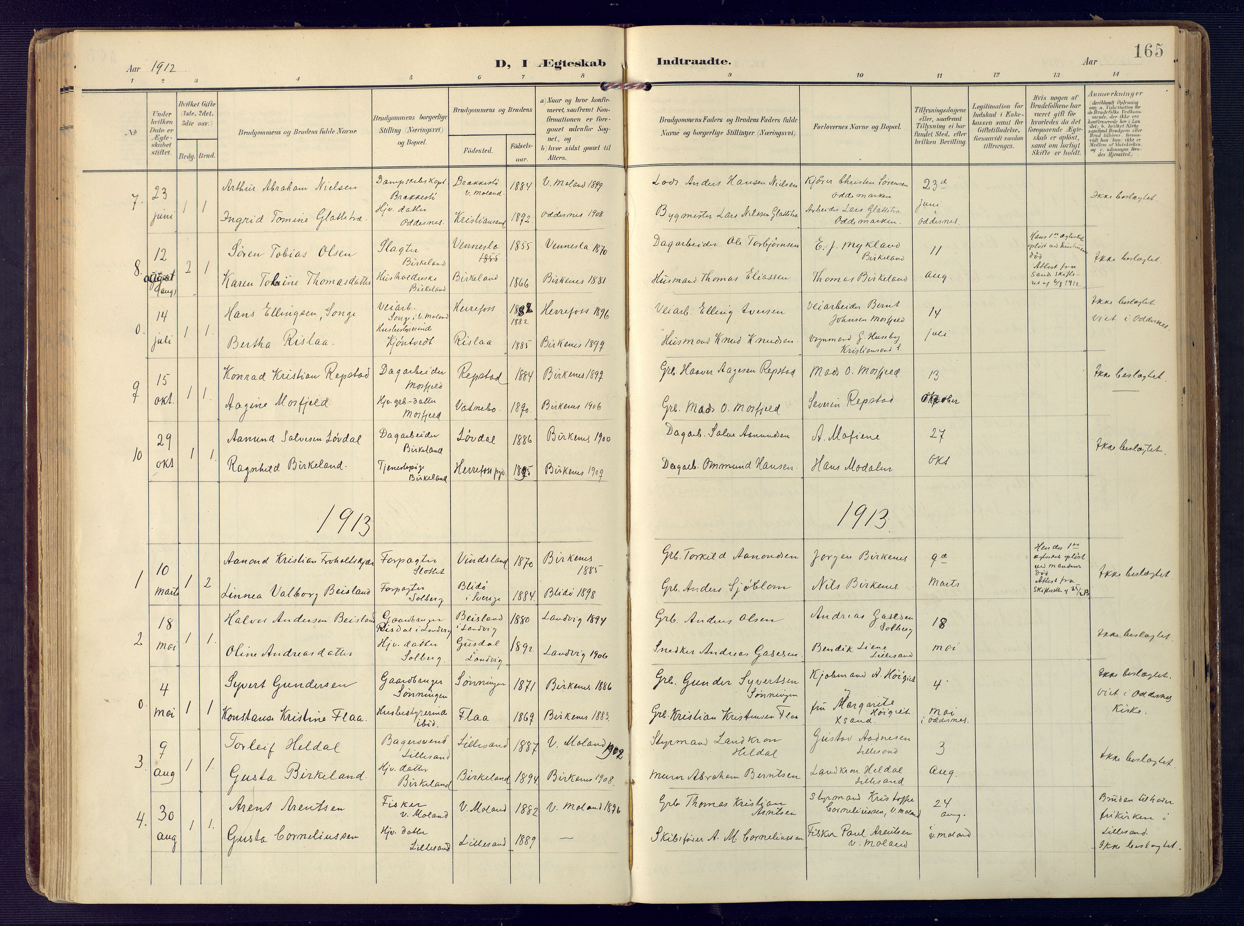 Birkenes sokneprestkontor, SAK/1111-0004/F/Fa/L0006: Parish register (official) no. A 6, 1908-1932, p. 165