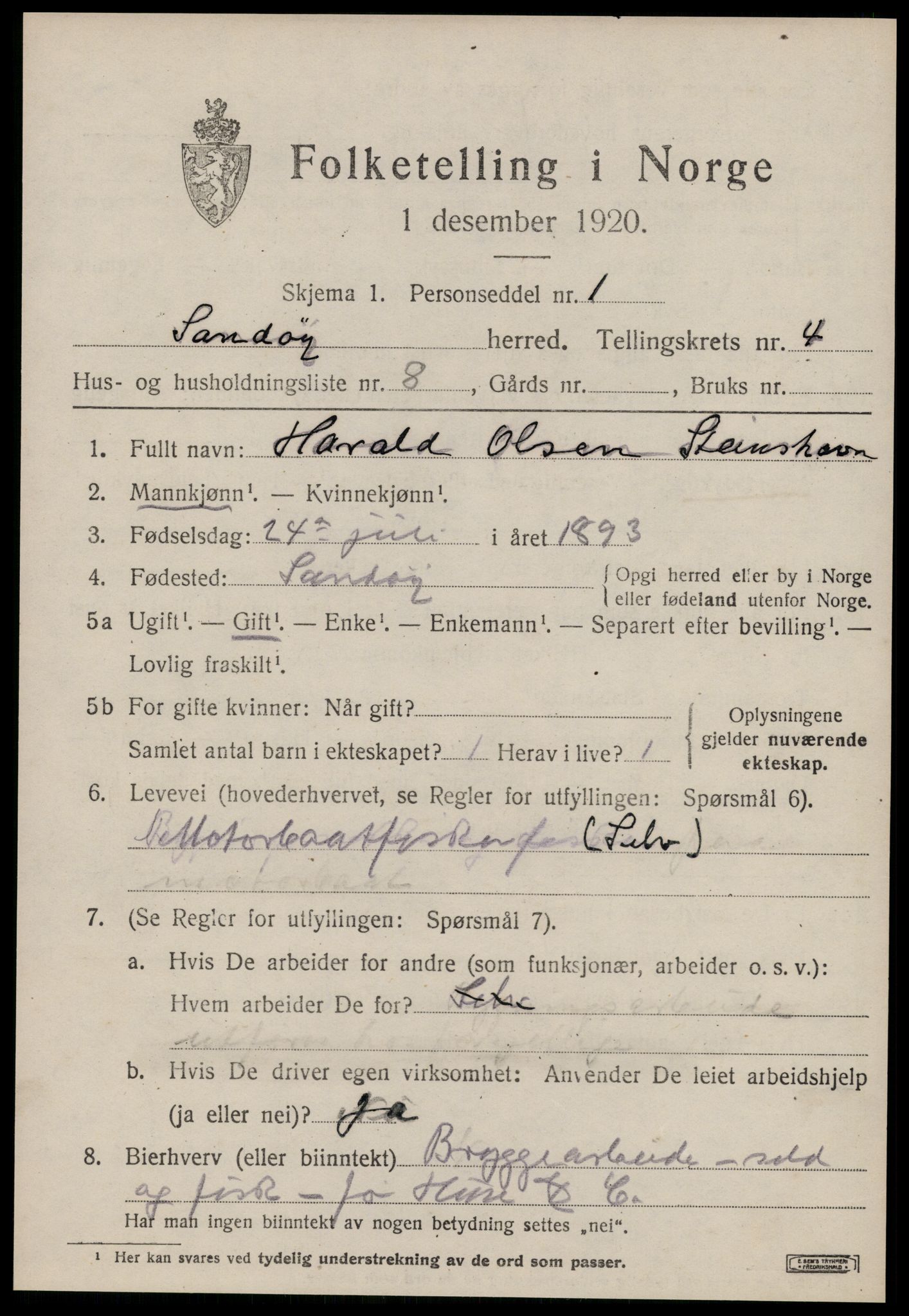 SAT, 1920 census for Sandøy, 1920, p. 1288