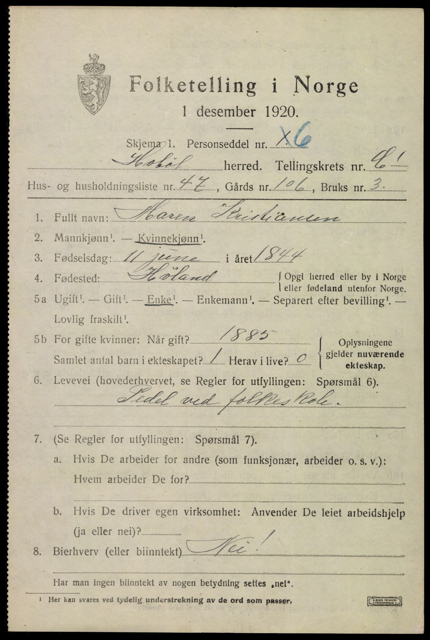 SAO, 1920 census for Hobøl, 1920, p. 2432