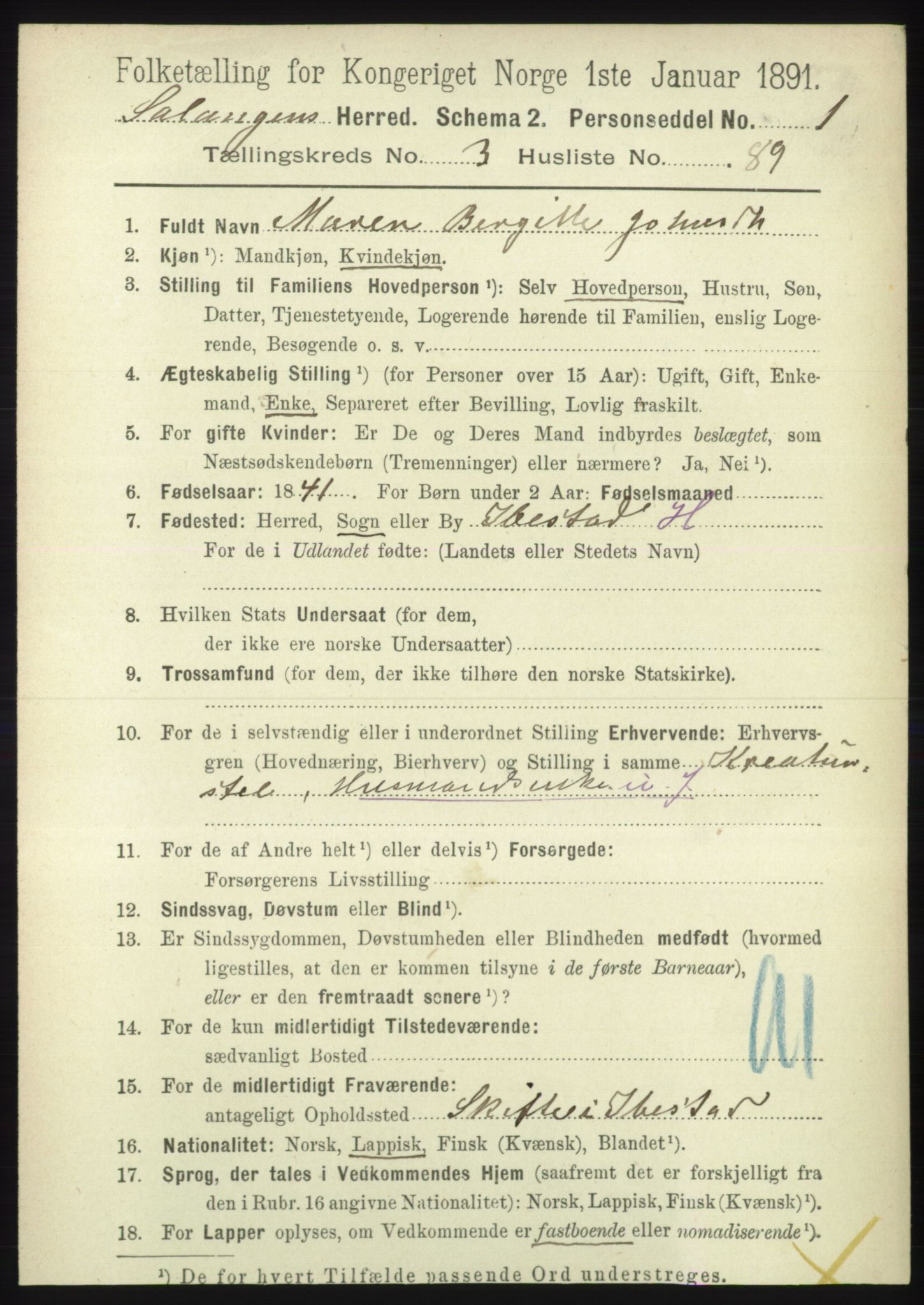 RA, 1891 census for 1921 Salangen, 1891, p. 1731