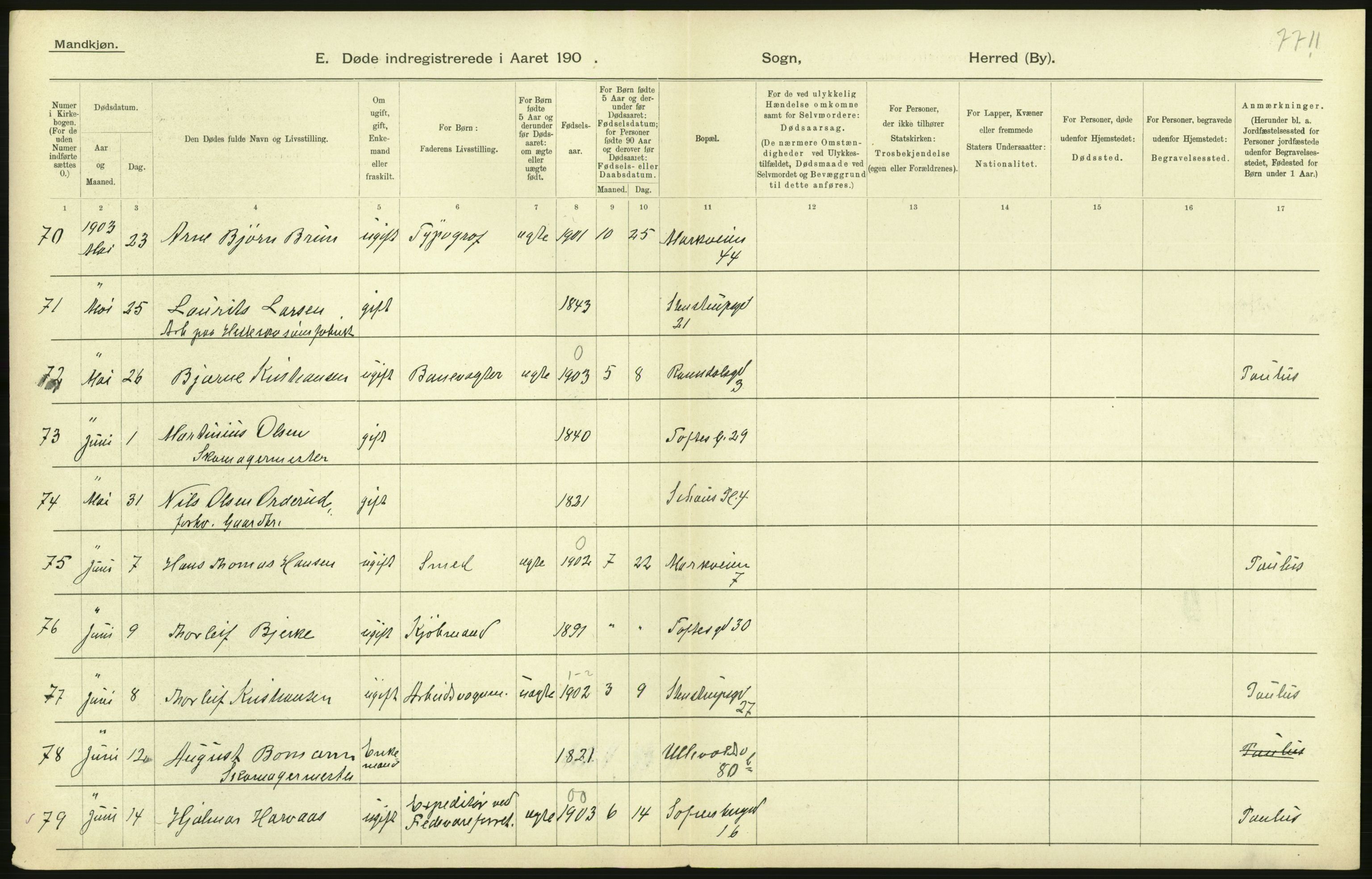 Statistisk sentralbyrå, Sosiodemografiske emner, Befolkning, AV/RA-S-2228/D/Df/Dfa/Dfaa/L0004: Kristiania: Gifte, døde, 1903, p. 314