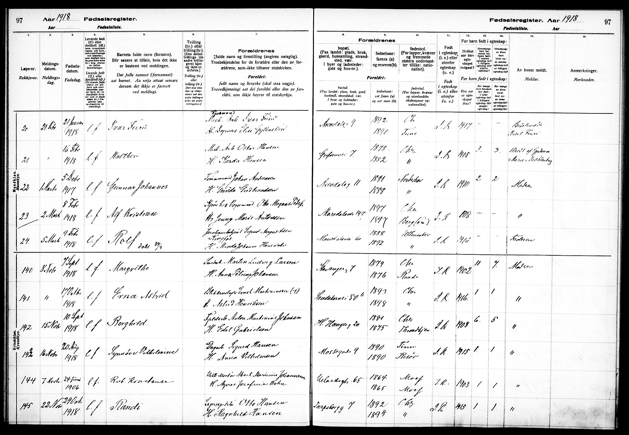 Sagene prestekontor Kirkebøker, AV/SAO-A-10796/J/L0001: Birth register no. 1, 1916-1920, p. 97