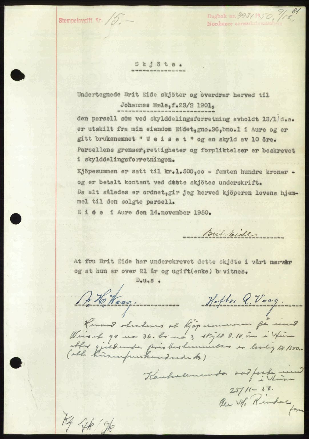 Nordmøre sorenskriveri, AV/SAT-A-4132/1/2/2Ca: Mortgage book no. A117, 1950-1950, Diary no: : 3931/1950