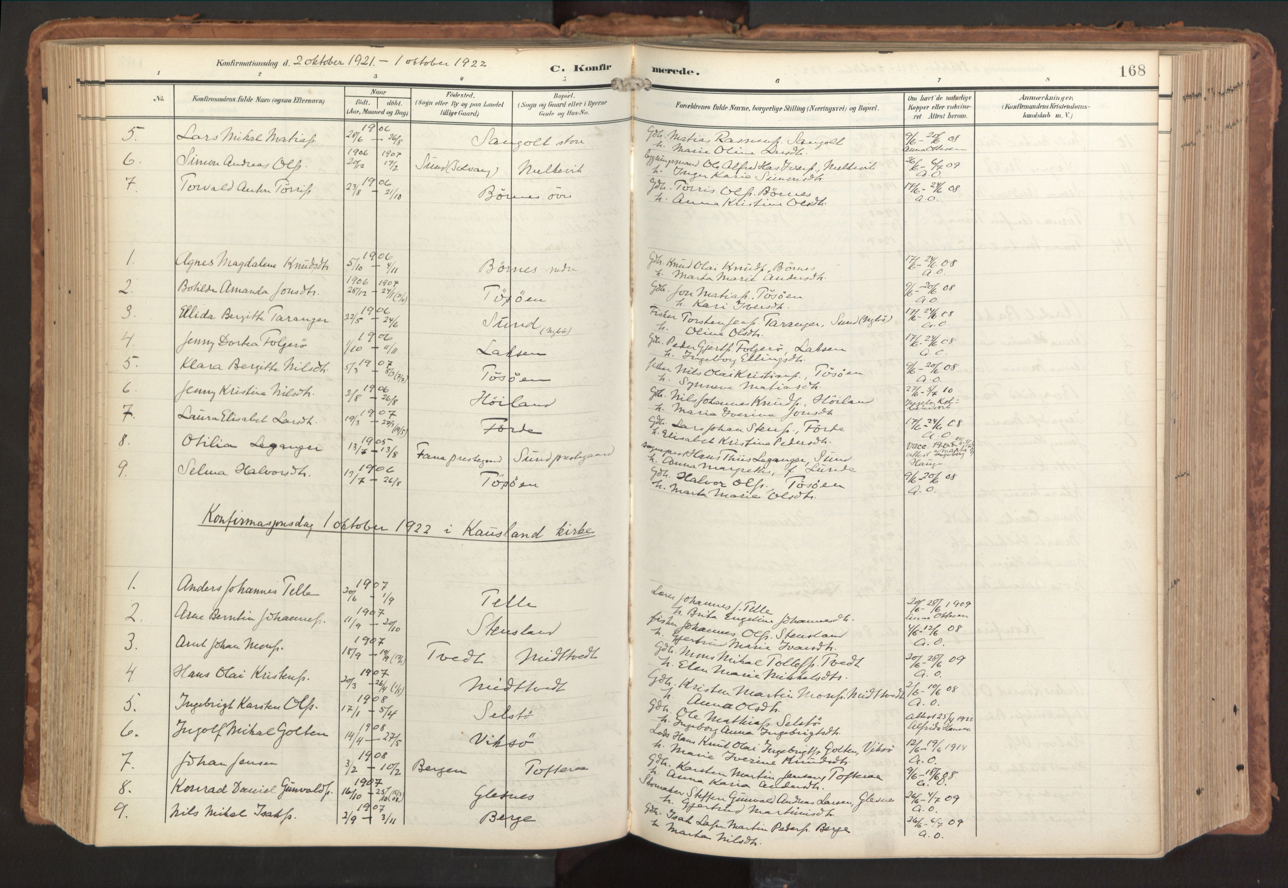Sund sokneprestembete, SAB/A-99930: Parish register (official) no. B 2, 1907-1926, p. 168